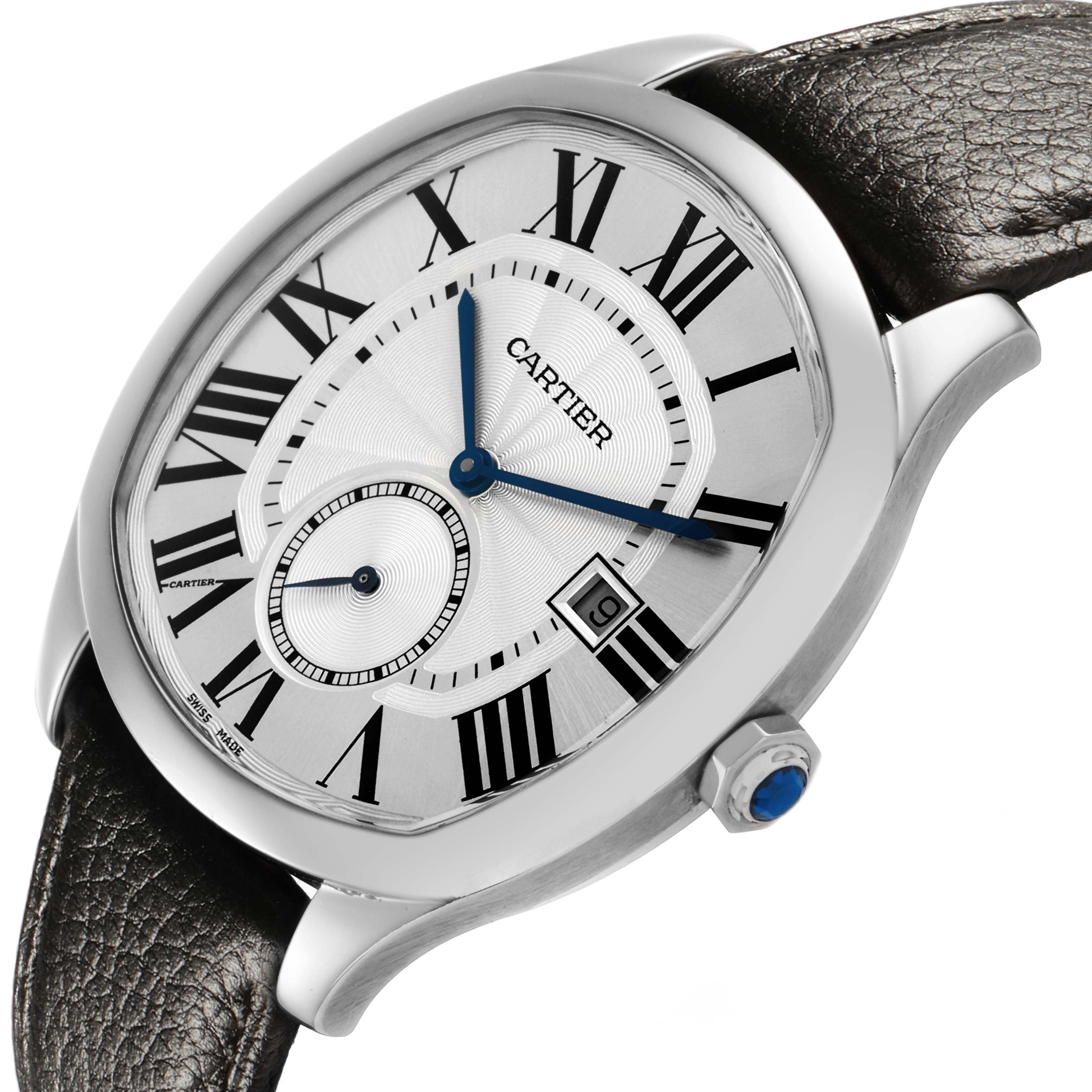 The Drive de Cartier watch is shown from an angled side view, highlighting its face, Roman numerals, blue hands, and leather strap.