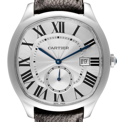 The Drive de Cartier watch is shown from the front, highlighting the dial, Roman numerals, and leather strap.
