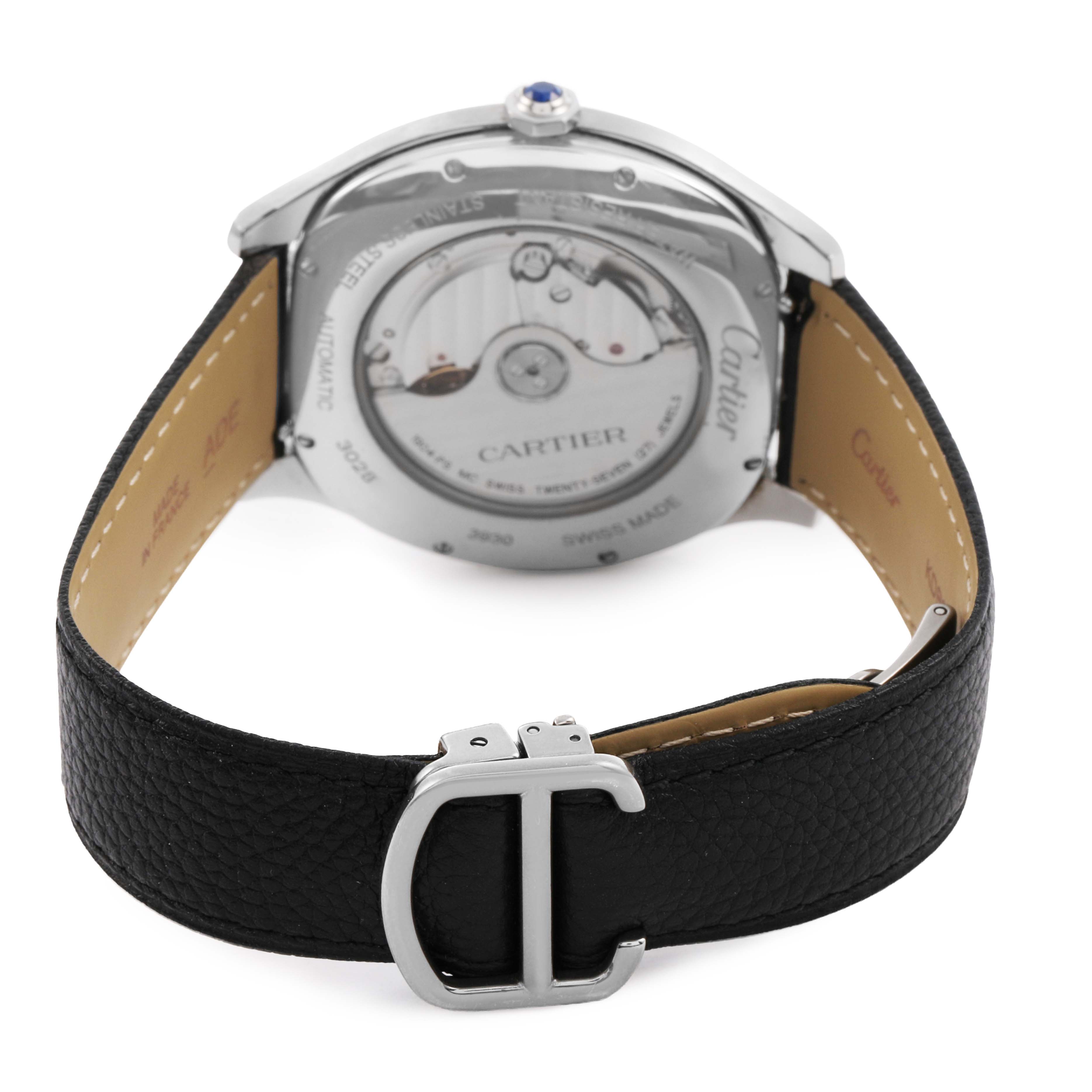The image shows the back of a Drive de Cartier watch, highlighting the case back and leather strap with a clasp.