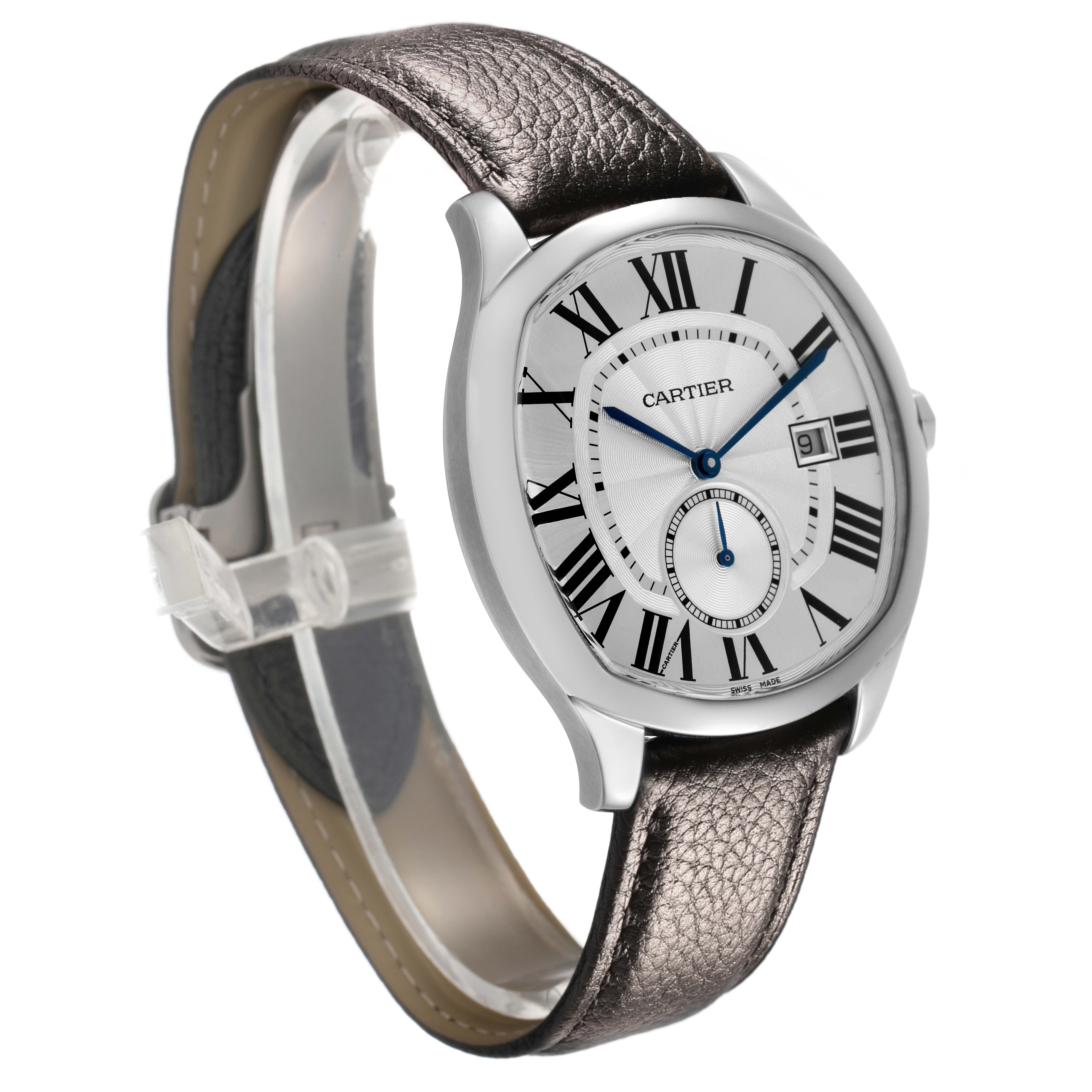 The Drive de Cartier watch is shown from a three-quarter angle, highlighting the dial, case, and leather strap.