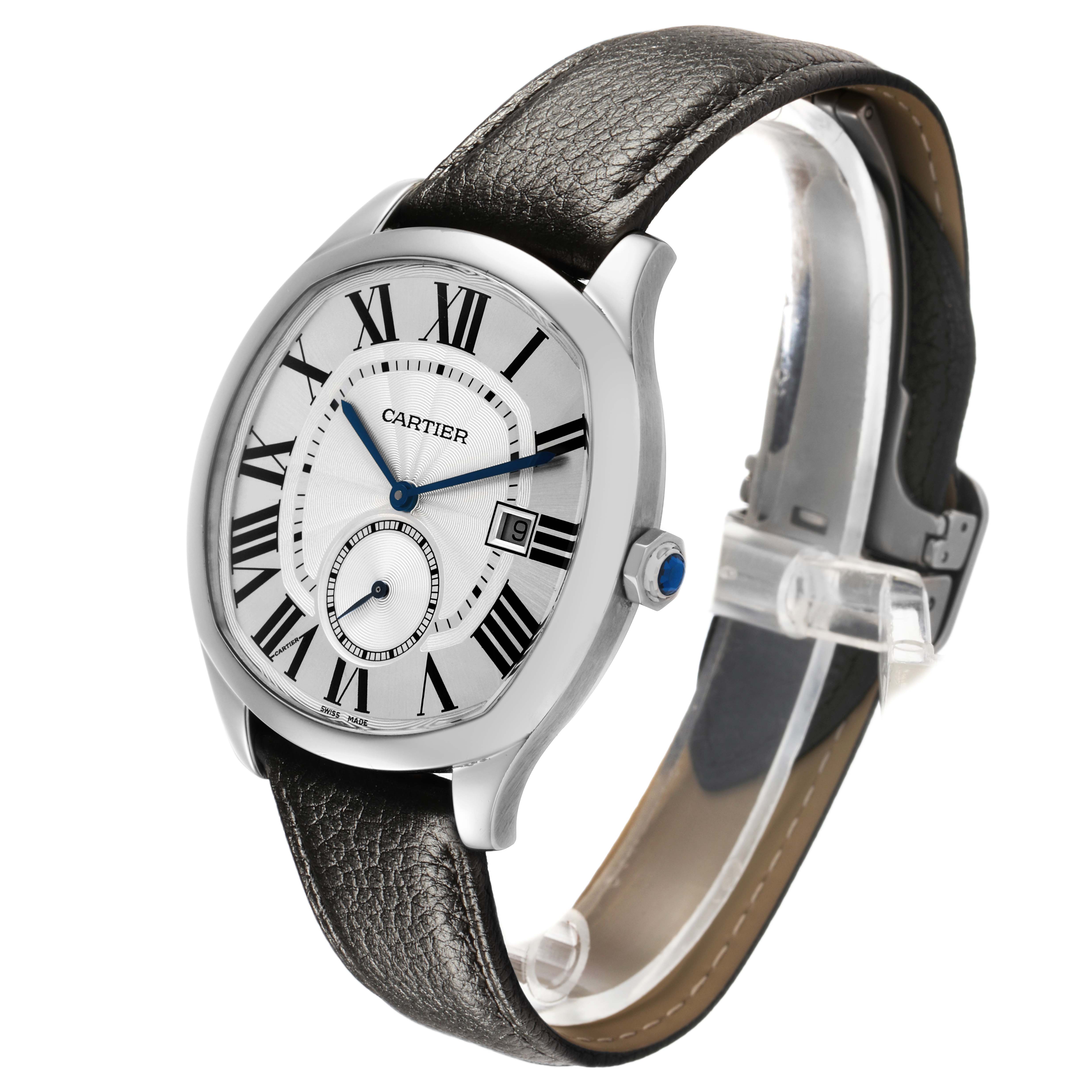 The Drive de Cartier watch is shown from a front-right angle, displaying its face, Roman numerals, crown, and leather strap.