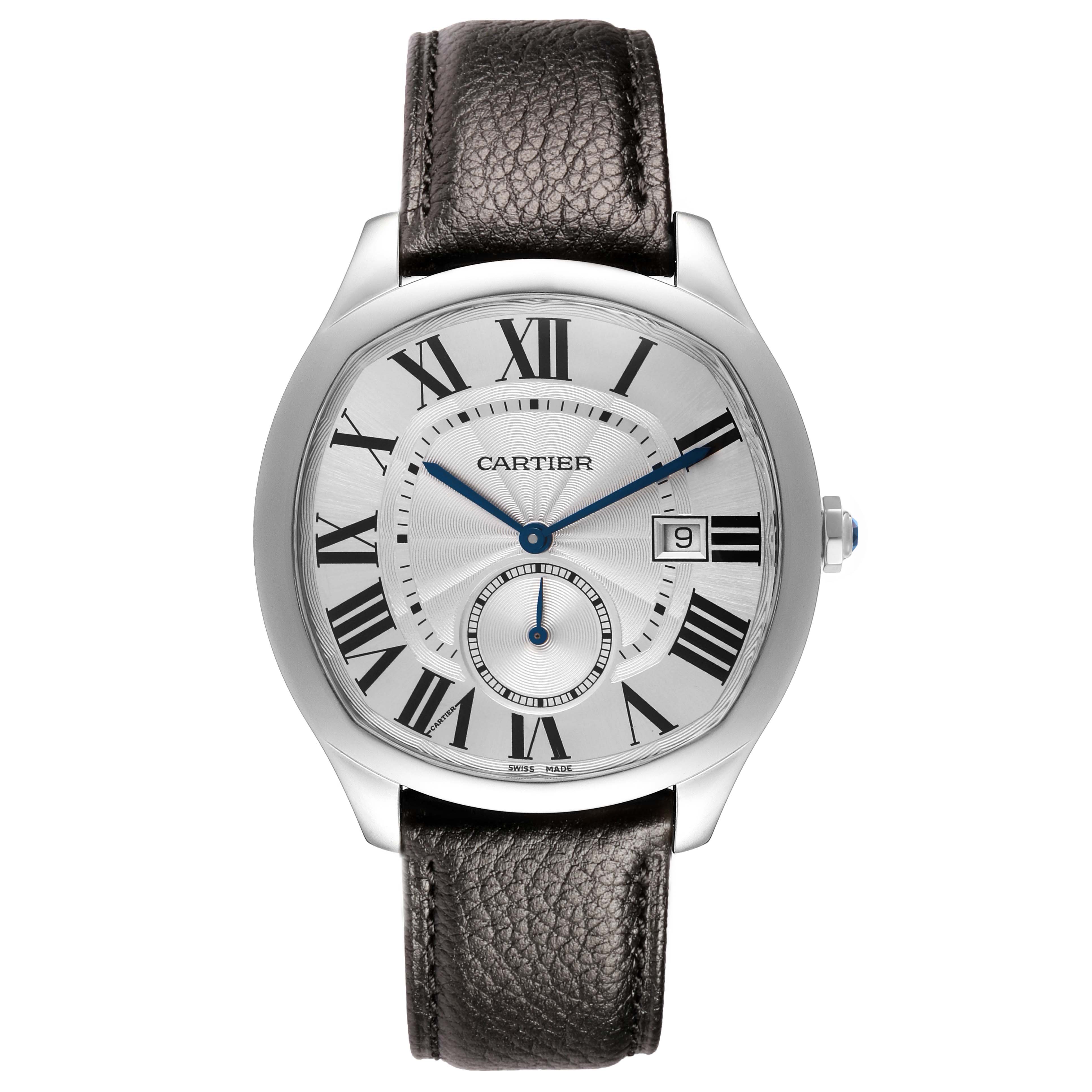 The Drive de Cartier watch by Cartier is shown from the front, highlighting its dial, Roman numerals, sub-dial, and leather strap.