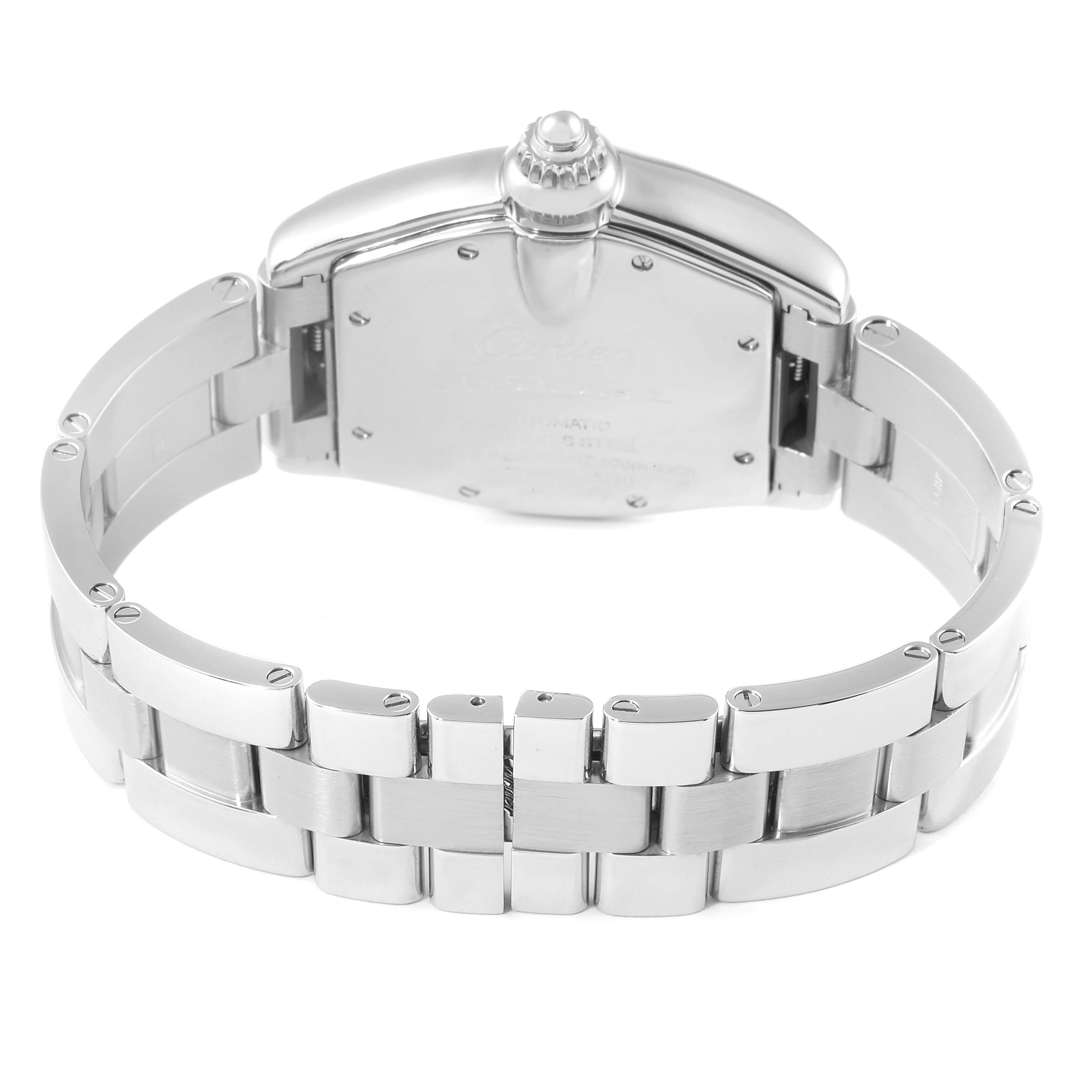 The image shows the back case and bracelet of a Cartier Roadster W62025V3 Men
s Stainless Steel Silver Dial W62025V3 Men
s Stainless Steel Silver Dial watch from a rear angle.