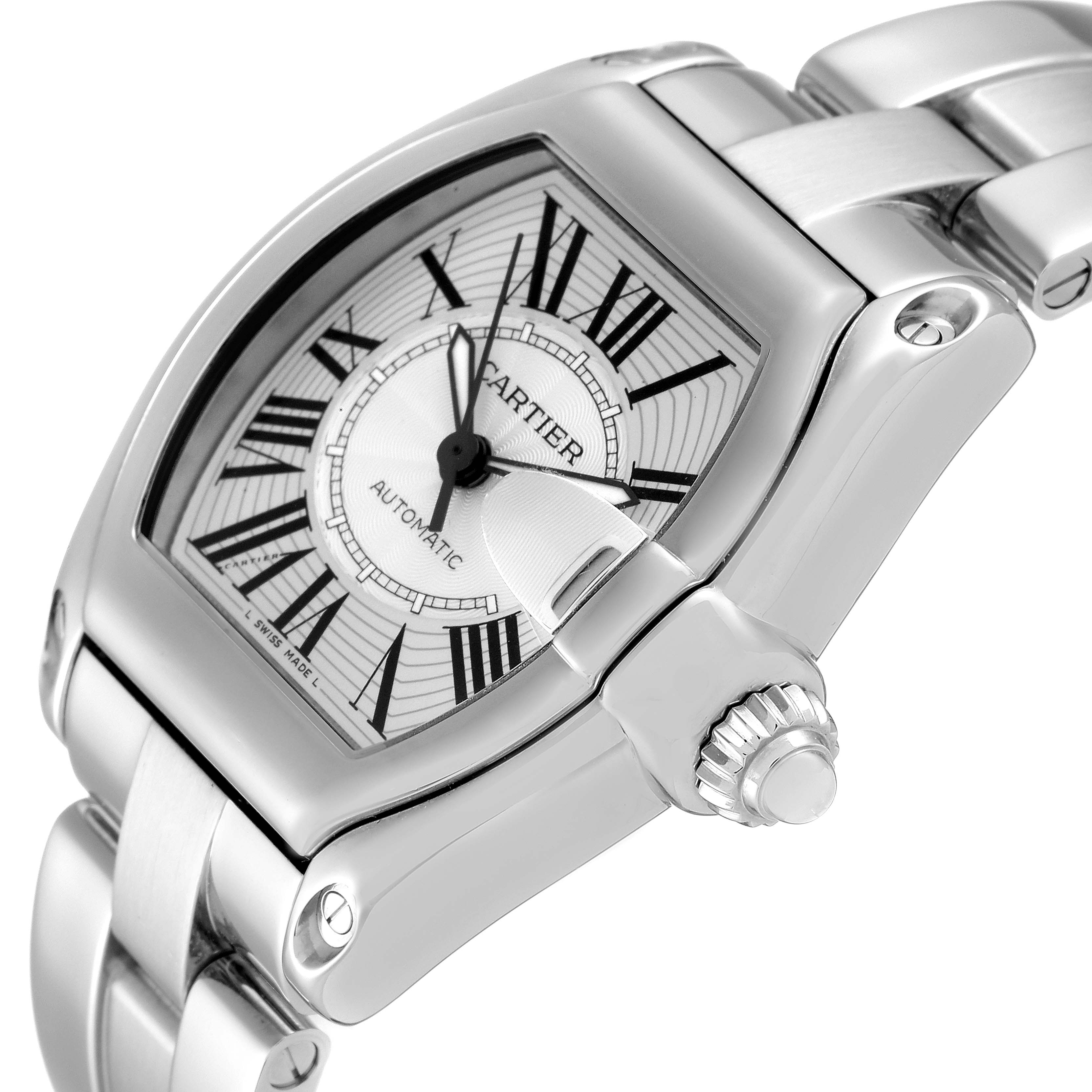 The image shows a close-up of the Cartier Roadster W62025V3 Men
s Stainless Steel Silver Dial W62025V3 Men
s Stainless Steel Silver Dial watch face, crown, and part of the bracelet from an angled side view.