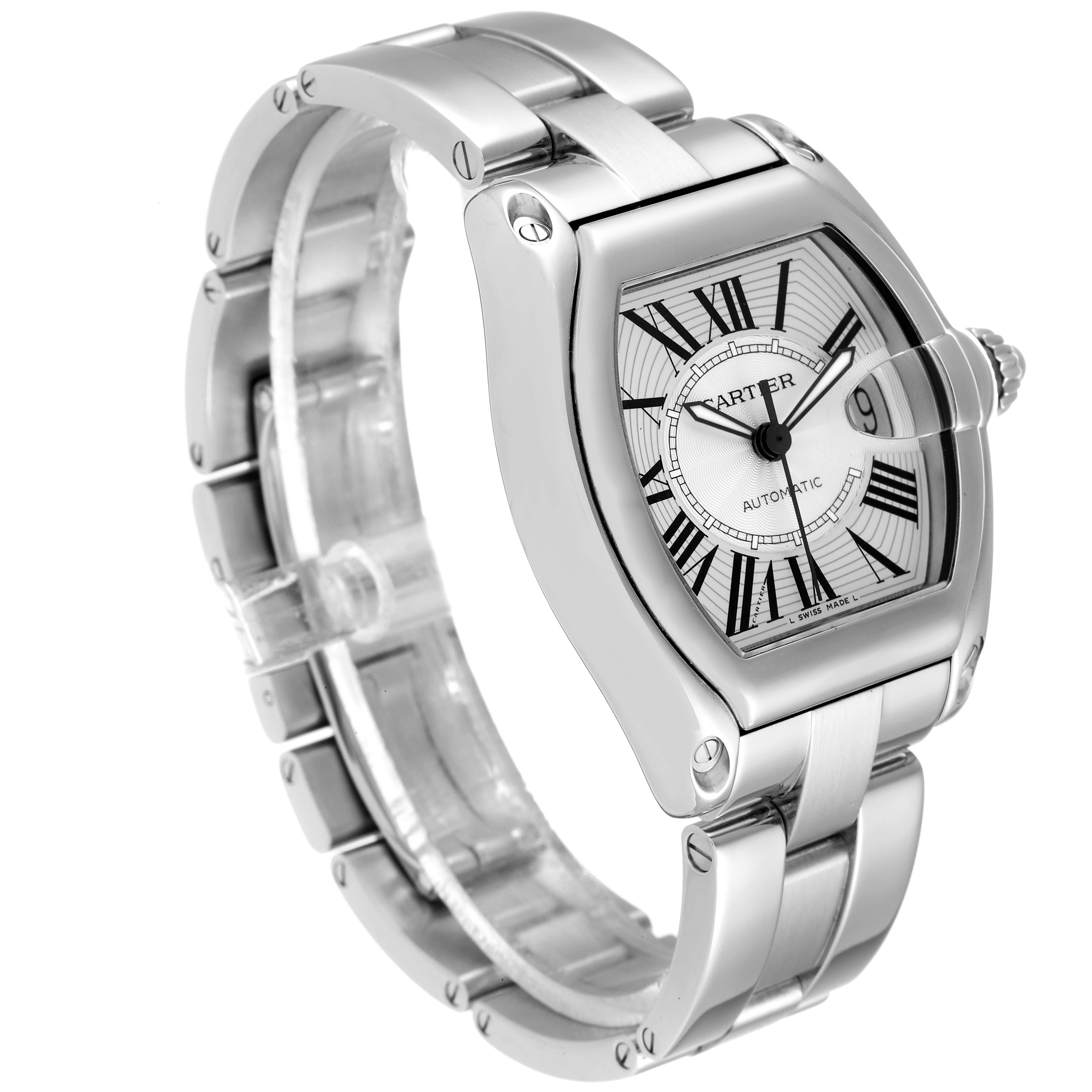 The Cartier Roadster W62025V3 Men
s Stainless Steel Silver Dial W62025V3 Men
s Stainless Steel Silver Dial watch is shown at a three-quarter angle, displaying the face, bracelet, and side profile.