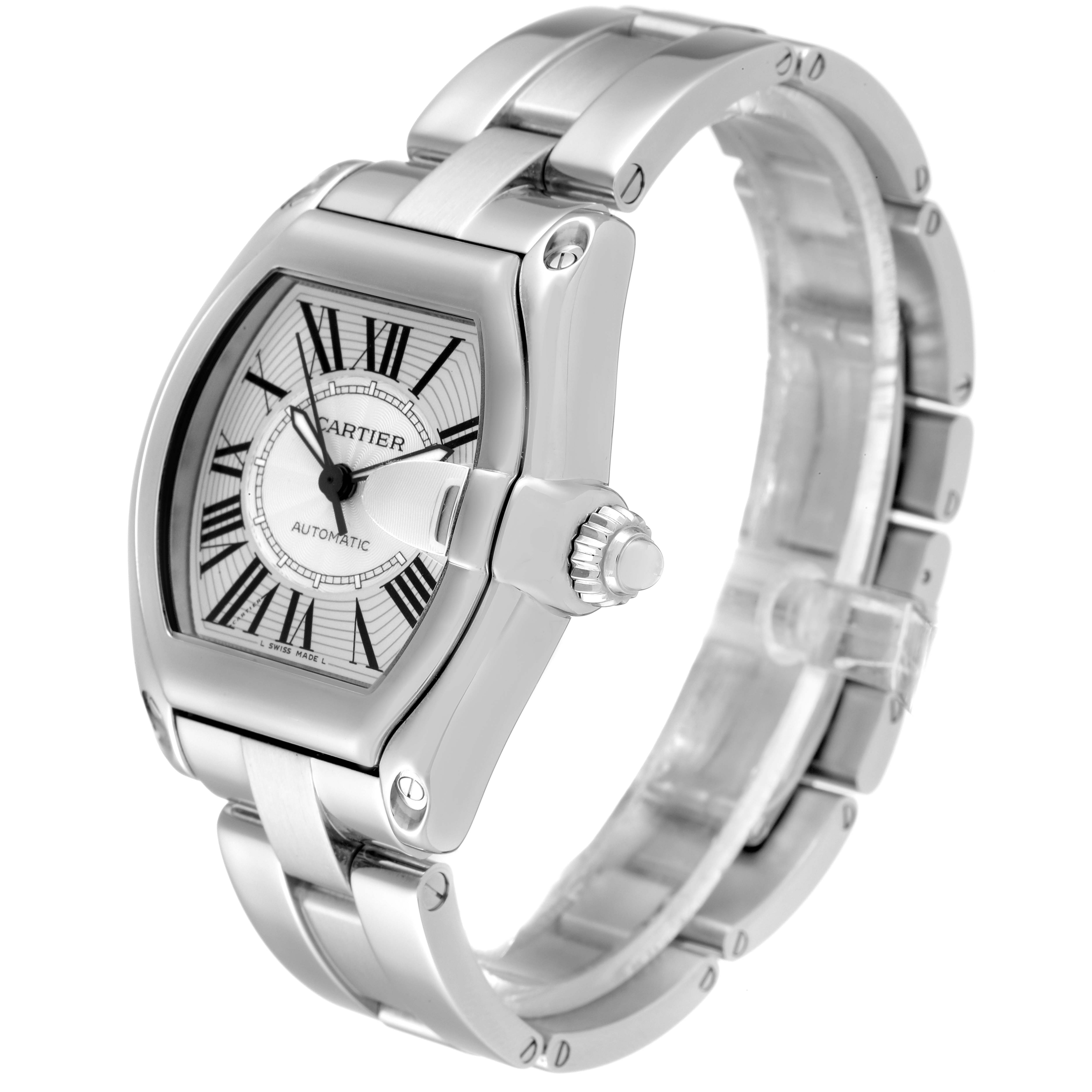 The Cartier Roadster W62025V3 Men
s Stainless Steel Silver Dial W62025V3 Men
s Stainless Steel Silver Dial watch is shown at a three-quarter angle displaying its face, crown, and metal bracelet.