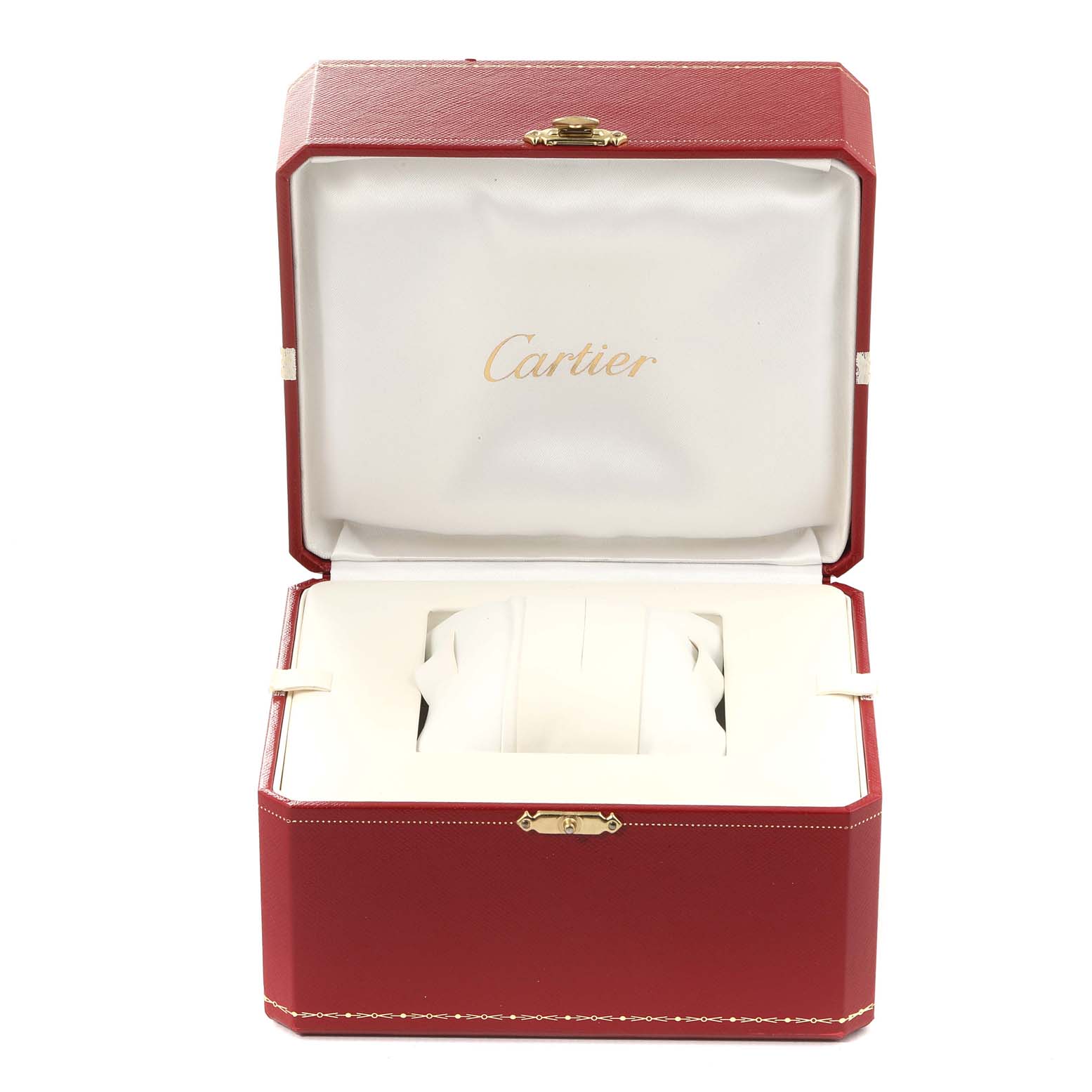 The image shows an open red case for a Cartier Roadster W62025V3 Men
s Stainless Steel Silver Dial W62025V3 Men
s Stainless Steel Silver Dial watch with the Cartier logo inside.