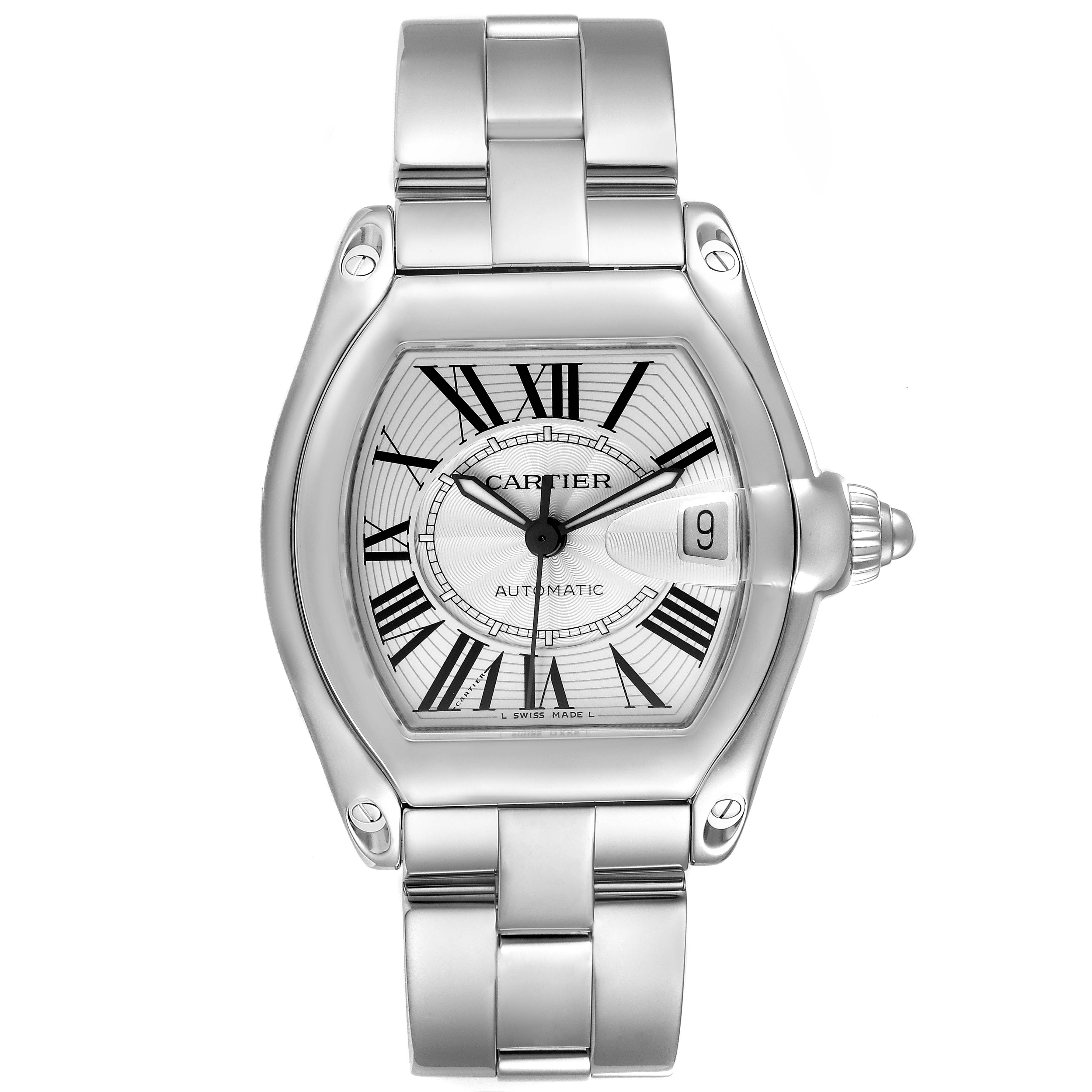 This image shows a front view of the Cartier Roadster W62025V3 Men
s Stainless Steel Silver Dial W62025V3 Men
s Stainless Steel Silver Dial watch, displaying its face, bracelet, and crown.