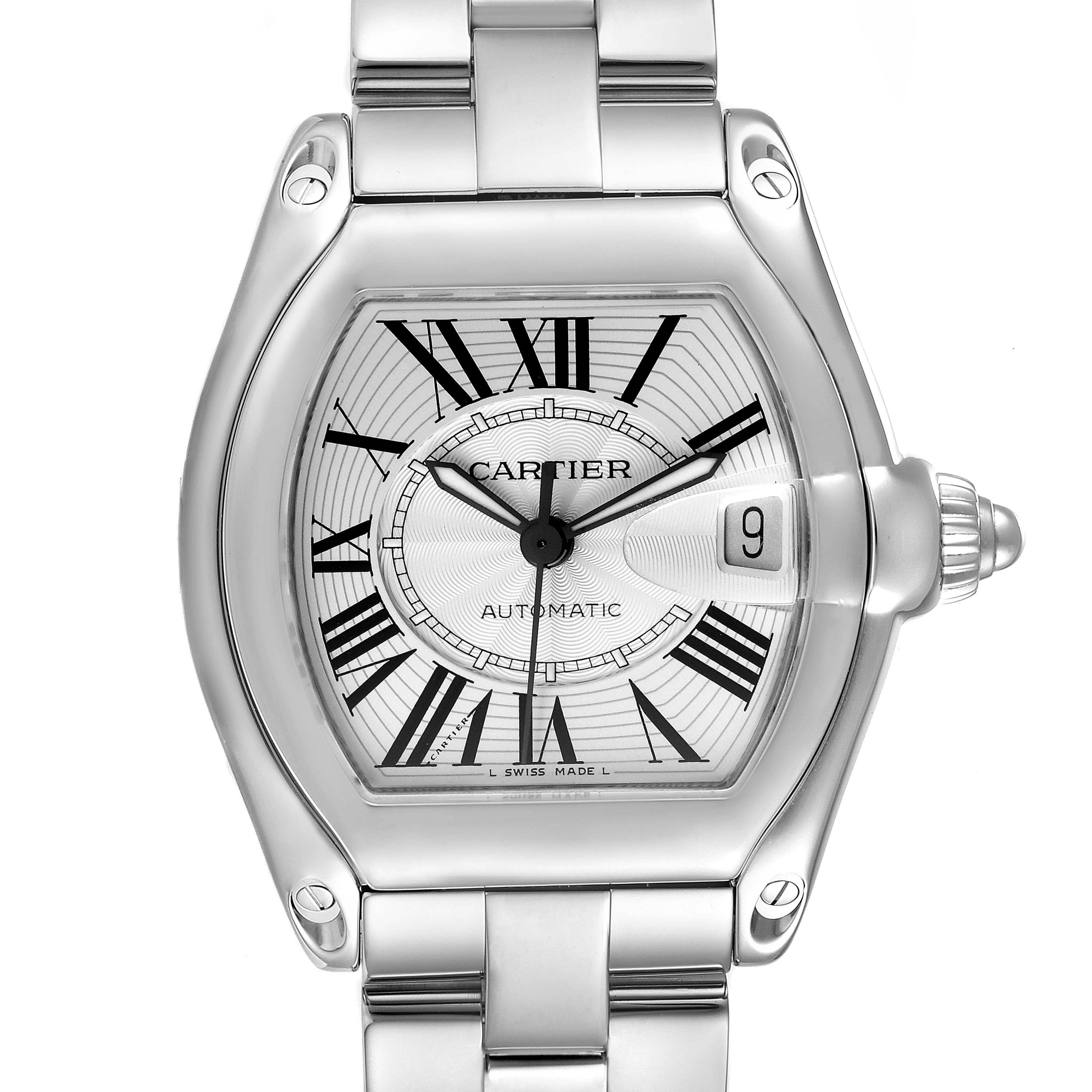 This is a close-up front view of a Cartier Roadster W62025V3 Men
s Stainless Steel Silver Dial W62025V3 Men
s Stainless Steel Silver Dial watch, showing the face, bezel, and part of the bracelet.