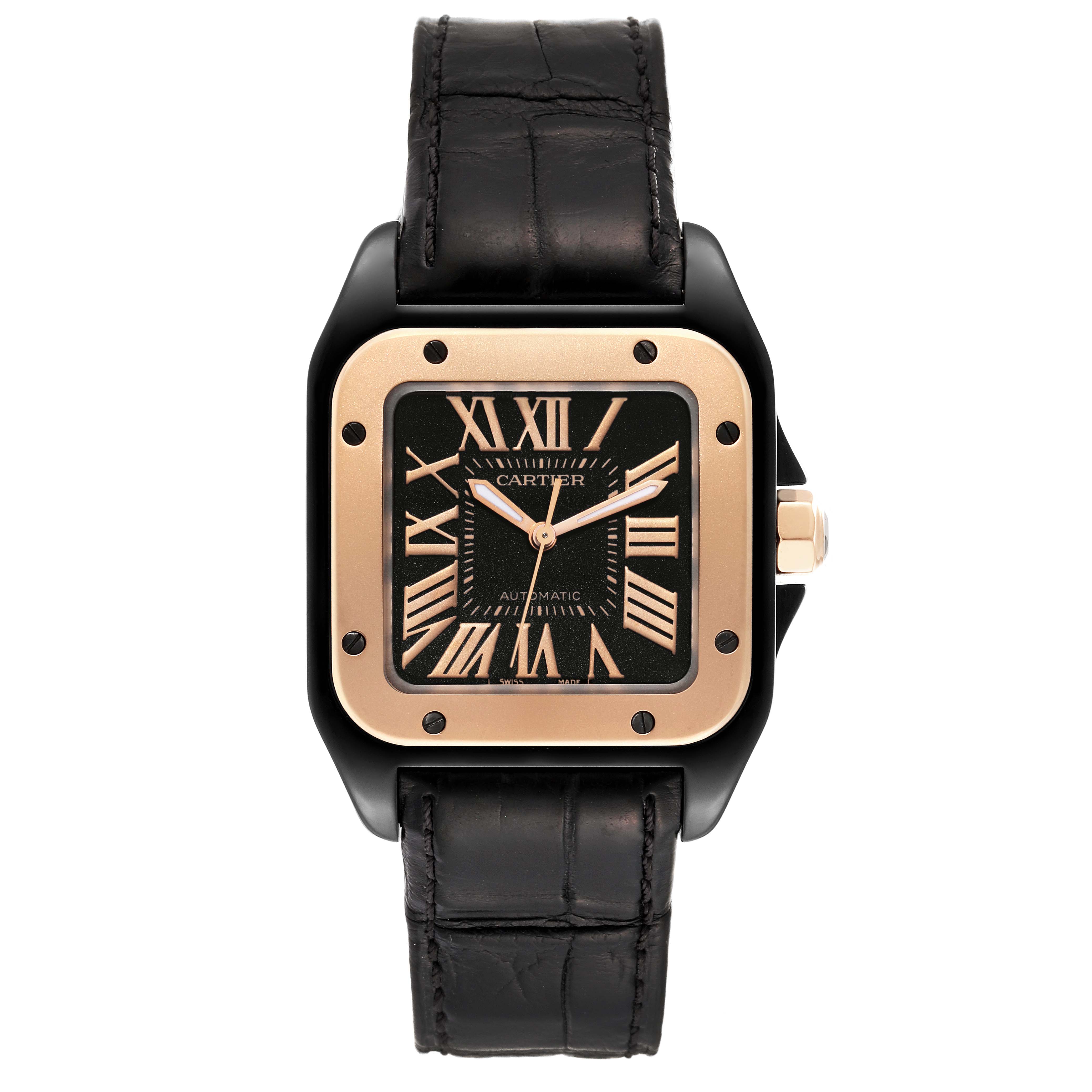 This Cartier Santos W2020009 Men
s Stainless Steel Black Dial W2020009 Men
s Stainless Steel Black Dial model watch is shown from a front angle, highlighting the face, bezel, and leather strap.