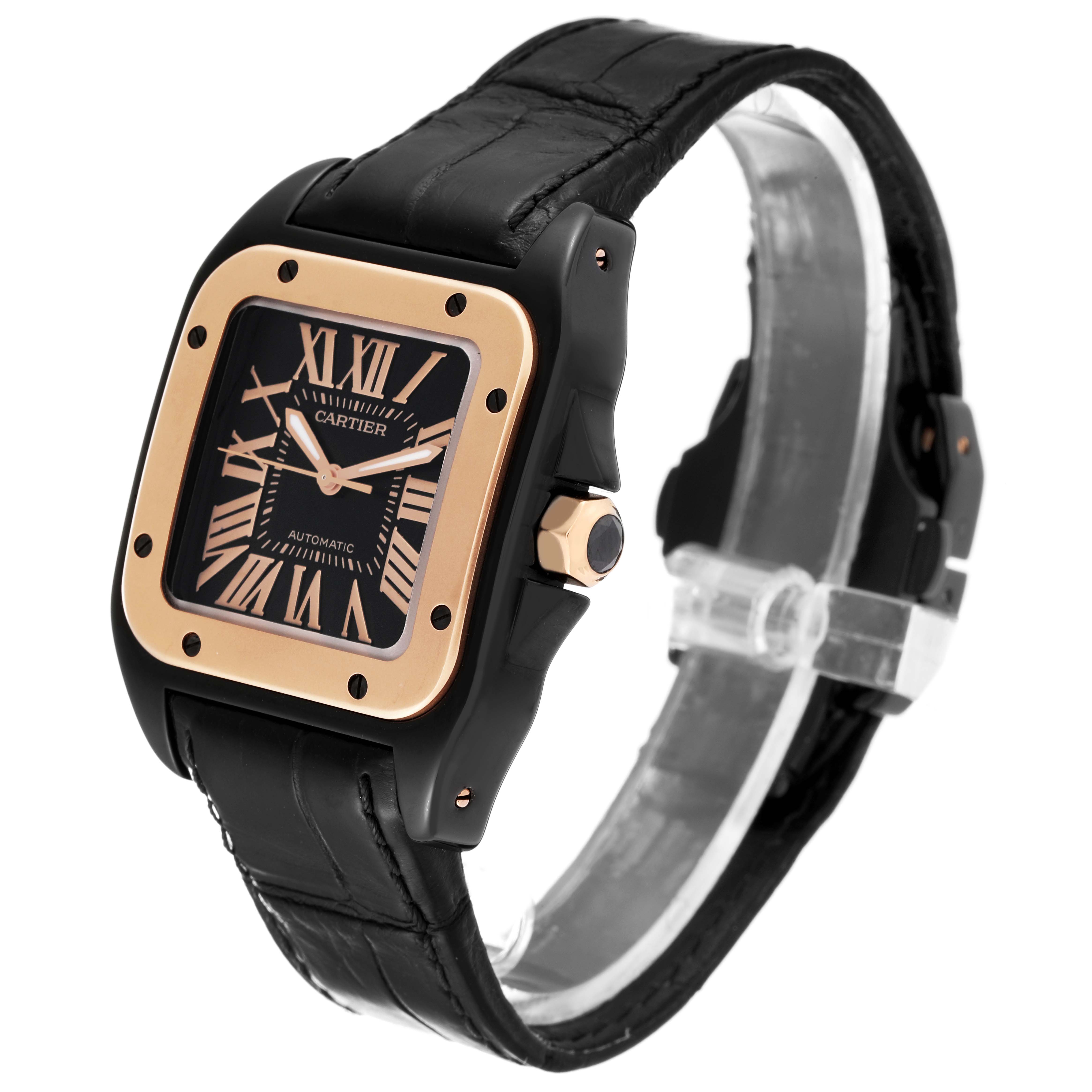 The Cartier Santos W2020009 Men
s Stainless Steel Black Dial W2020009 Men
s Stainless Steel Black Dial watch is displayed at a slight angle showing its face, bezel, case, and strap.