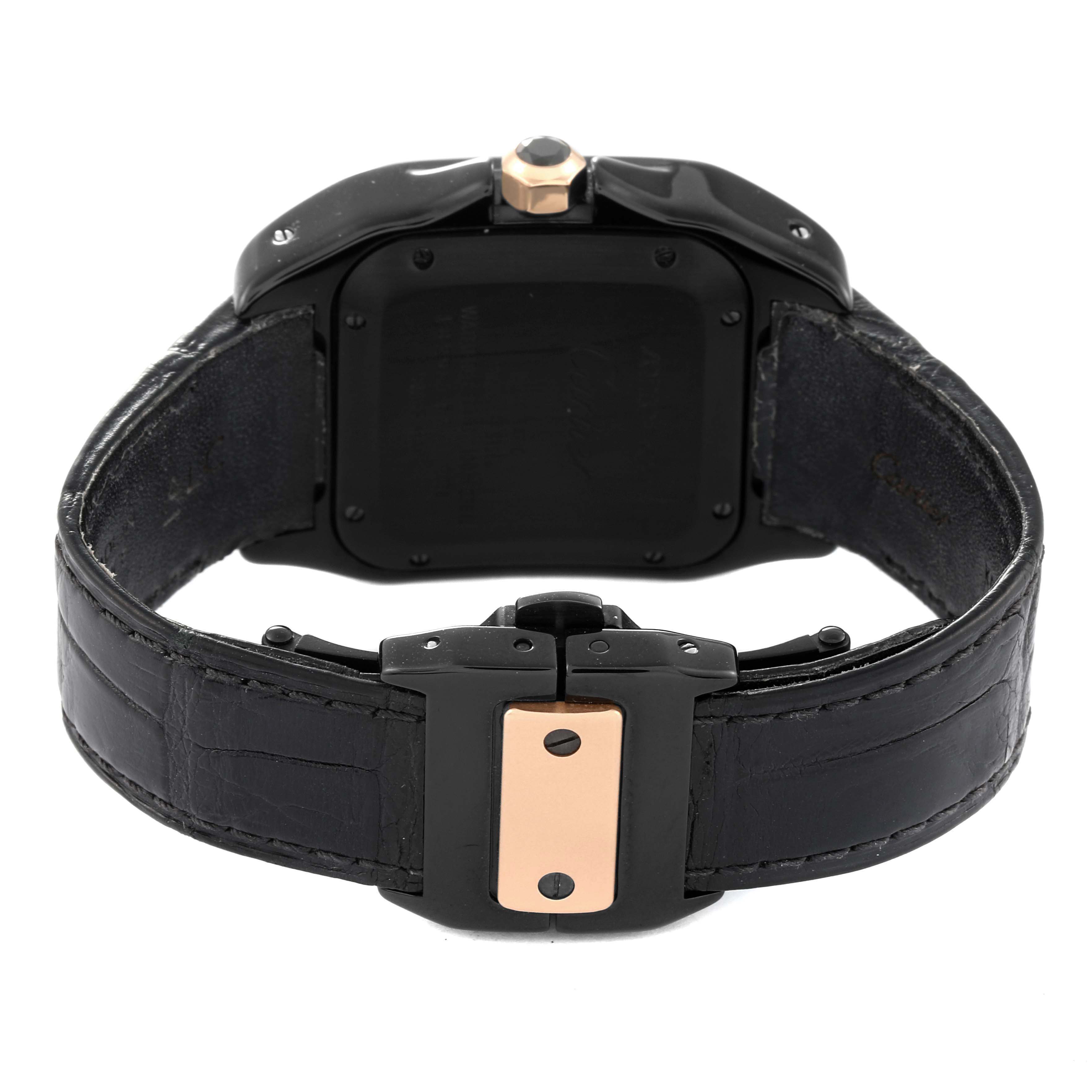 The image shows the backside of the Santos model Cartier watch, focusing on the strap and clasp mechanism.