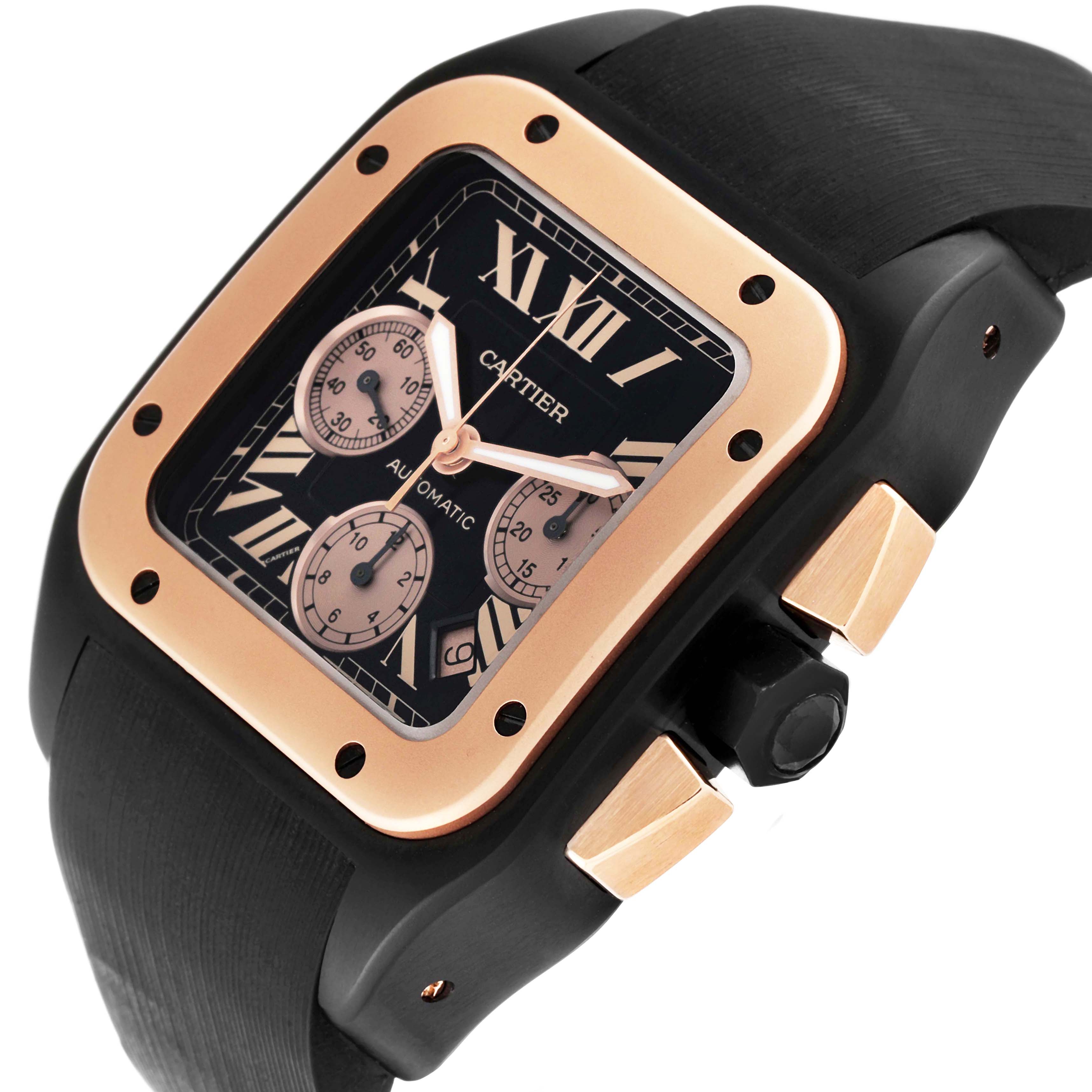 This image shows a Cartier Santos W2020004 Men
s Stainless Steel Black Dial W2020004 Men
s Stainless Steel Black Dial watch from an angled view, highlighting the face, bezel, crown, and strap.