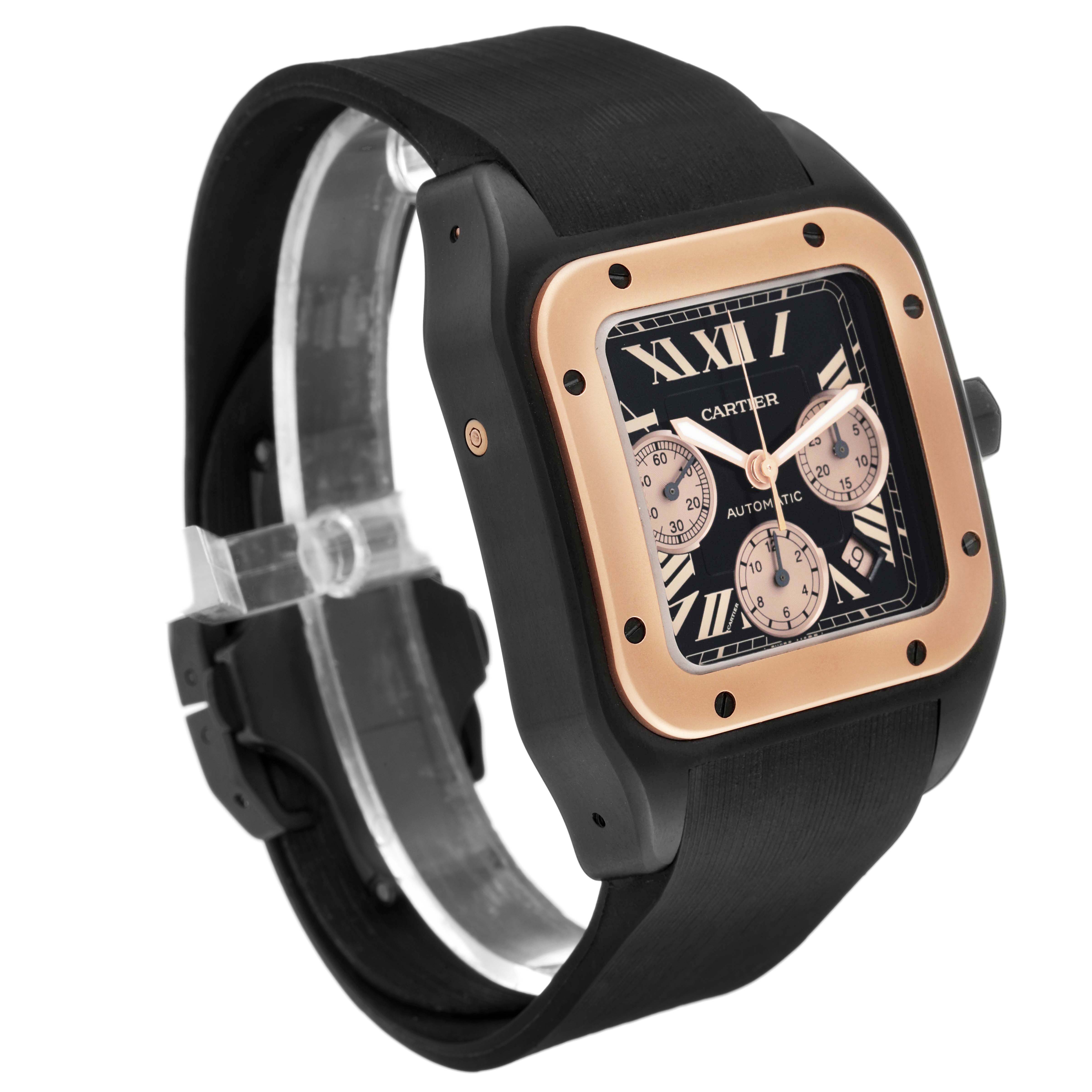 This image shows the Cartier Santos W2020004 Men
s Stainless Steel Black Dial W2020004 Men
s Stainless Steel Black Dial watch at an angled front view highlighting its face, bezel, and strap.