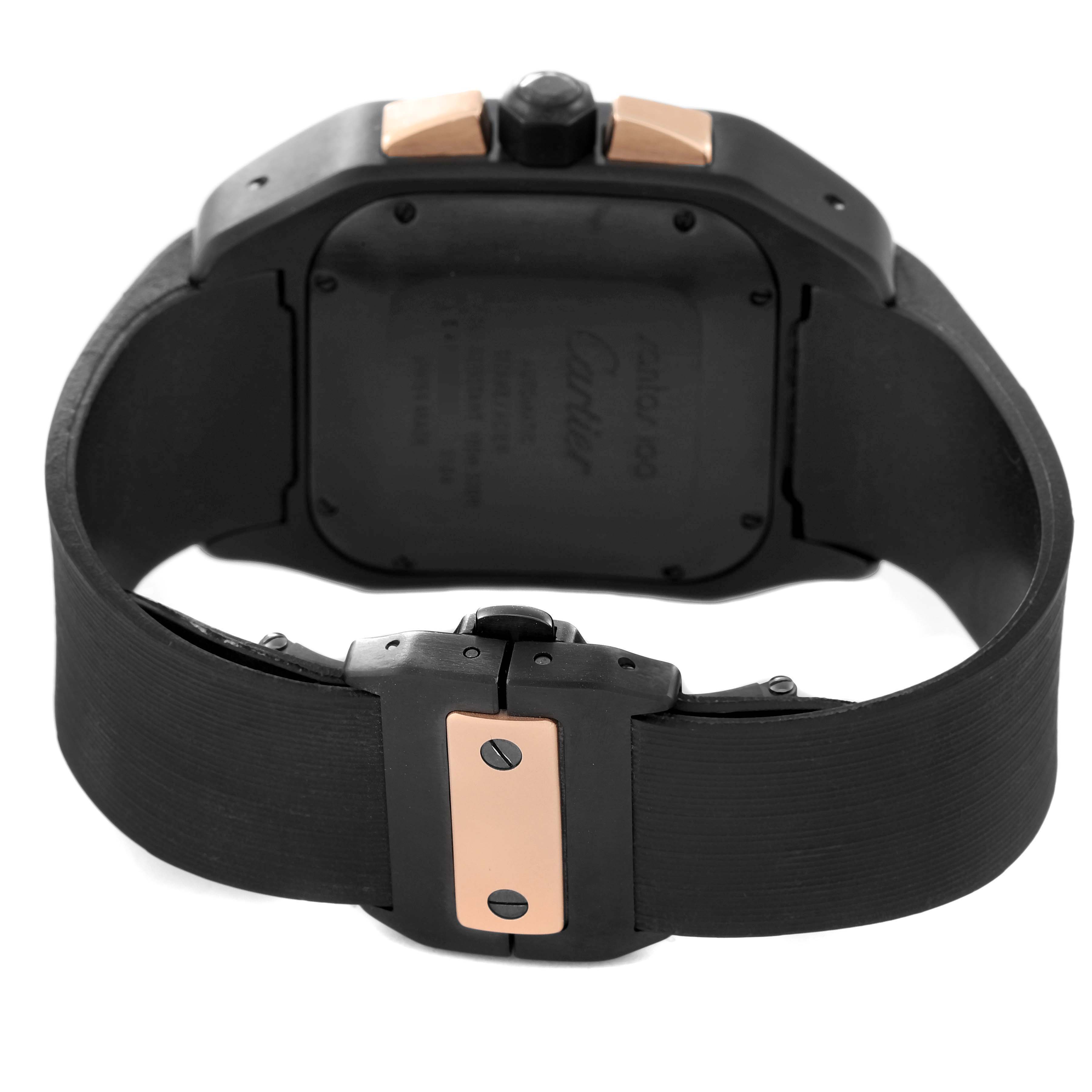 This image shows the back and side view of a Santos model by Cartier, focusing on the clasp and case back.
