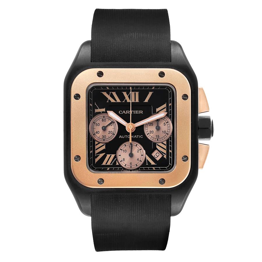 Cartier Santos 100 XL Carbon Rose Gold Chronograph Watch W2020004 Papers SwissWatchExpo