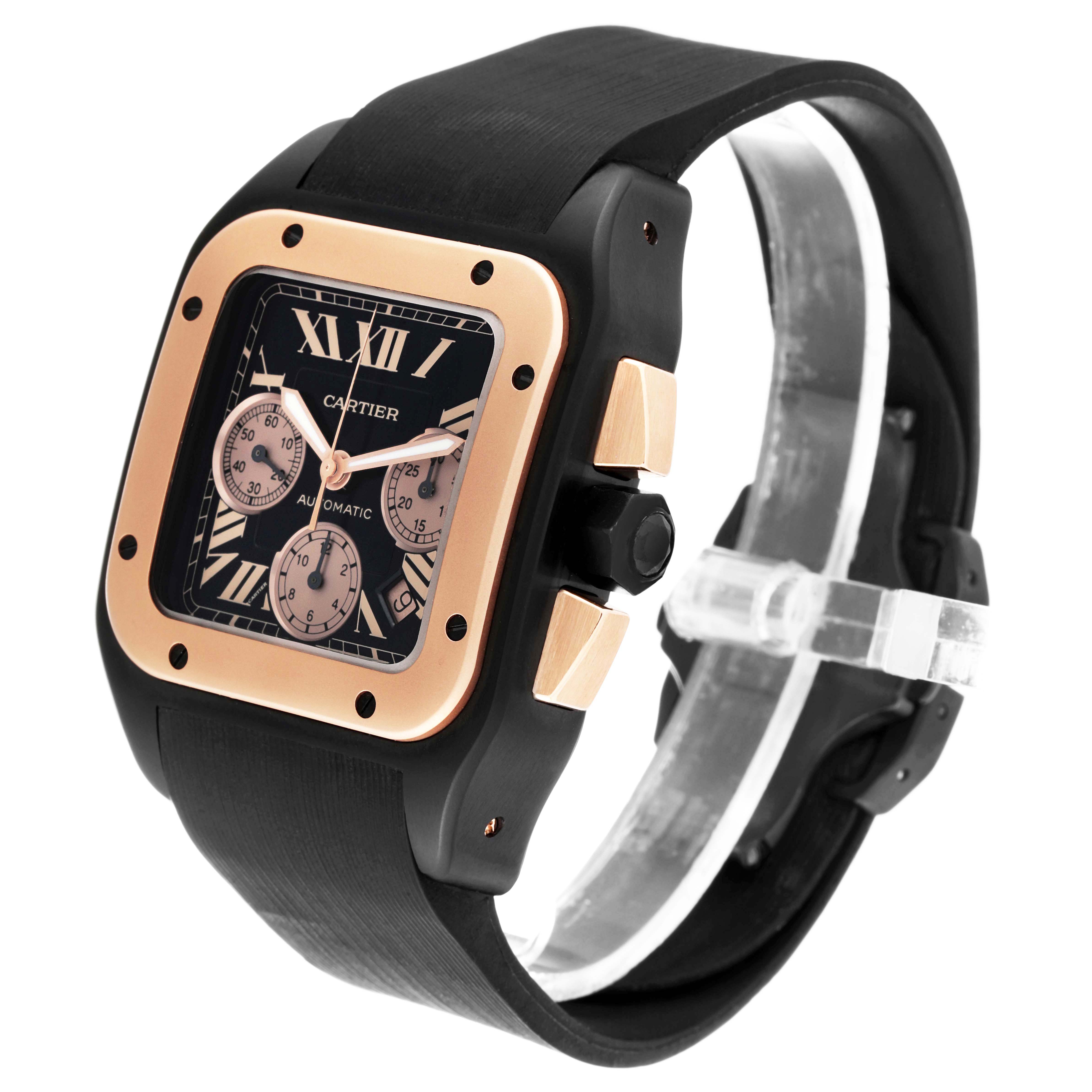 The Cartier Santos W2020004 Men
s Stainless Steel Black Dial W2020004 Men
s Stainless Steel Black Dial watch is shown at a front angle, highlighting its face, bezel, and strap.