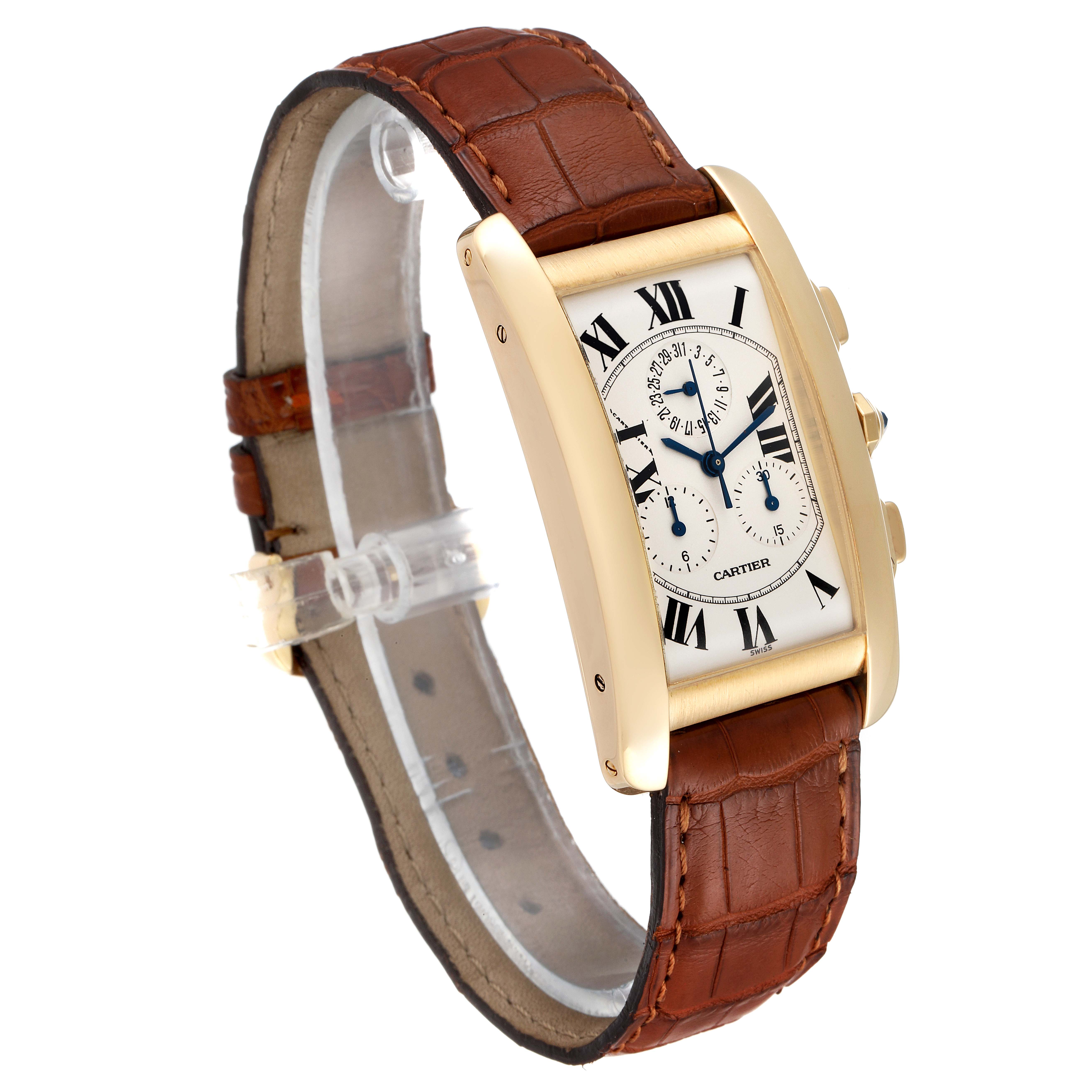 The image shows a side angle of the Cartier Tank Americaine W2601156 Men's Yellow Gold Silver Dial W2601156 Men's Yellow Gold Silver Dial watch, highlighting its brown leather strap and rectangular dial.
