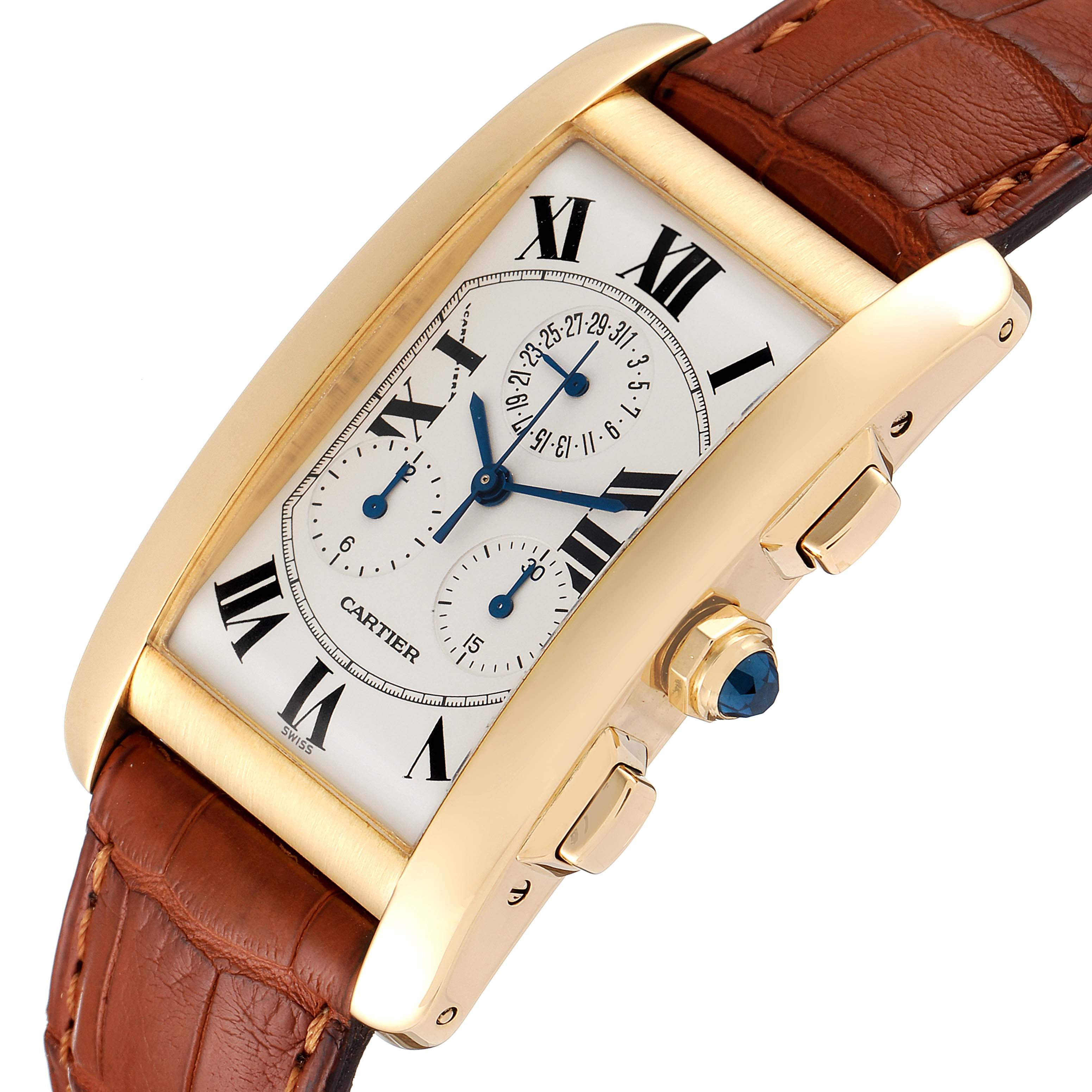 The image shows a Cartier Tank Americaine W2601156 Men's Yellow Gold Silver Dial W2601156 Men's Yellow Gold Silver Dial watch from a front angle, highlighting its rectangular dial, Roman numerals, and brown leather strap.