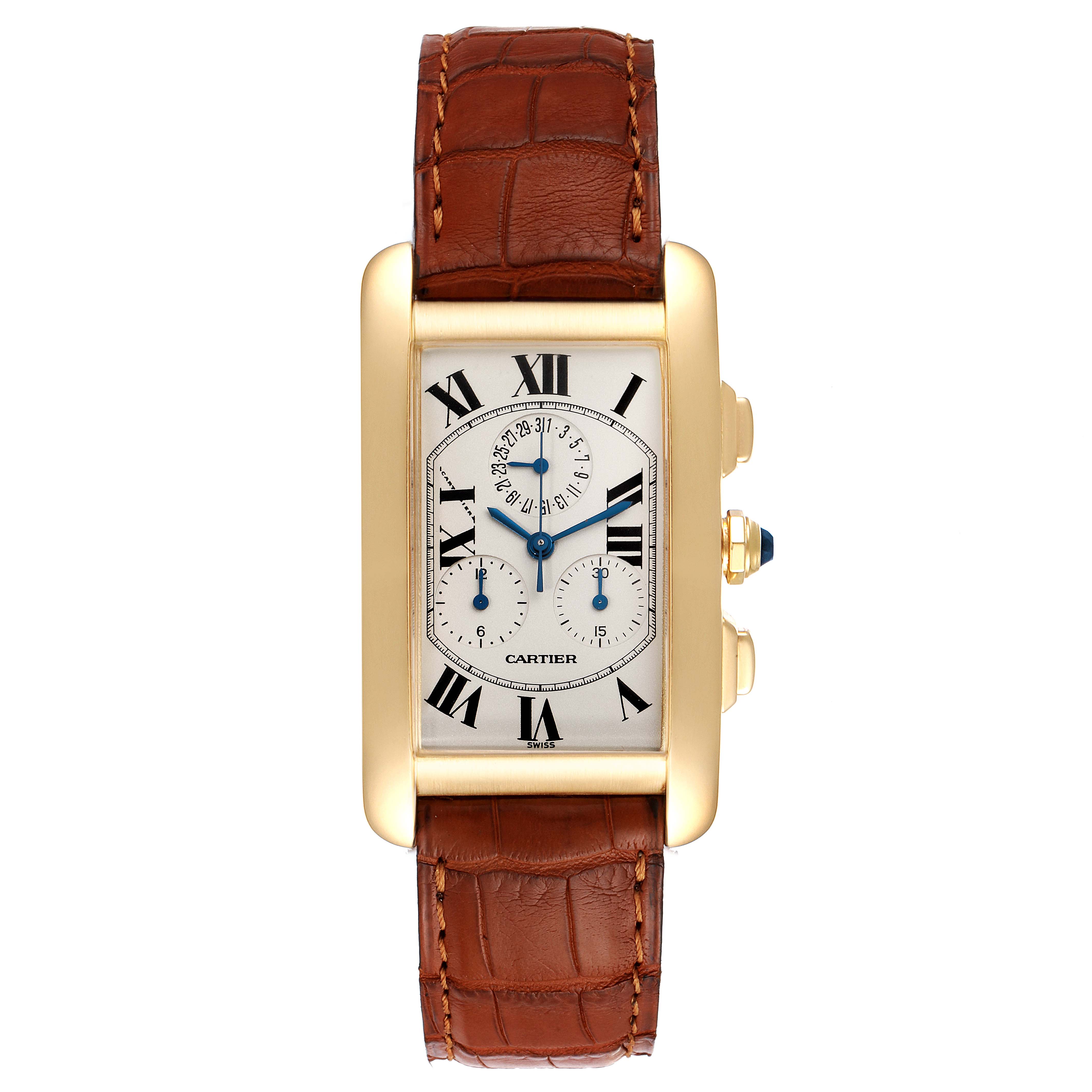 The image shows a frontal view of the Cartier Tank Americaine W2601156 Men's Yellow Gold Silver Dial W2601156 Men's Yellow Gold Silver Dial watch, displaying its face, leather strap, and side buttons.
