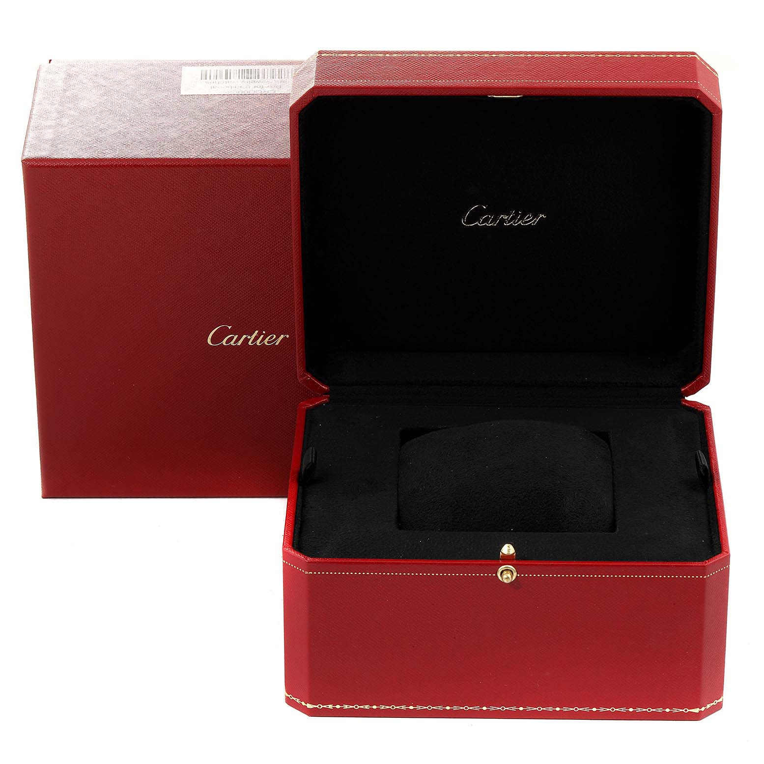 The image shows the packaging box for a Tank Americaine model by Cartier, including an open red case and an outer box.