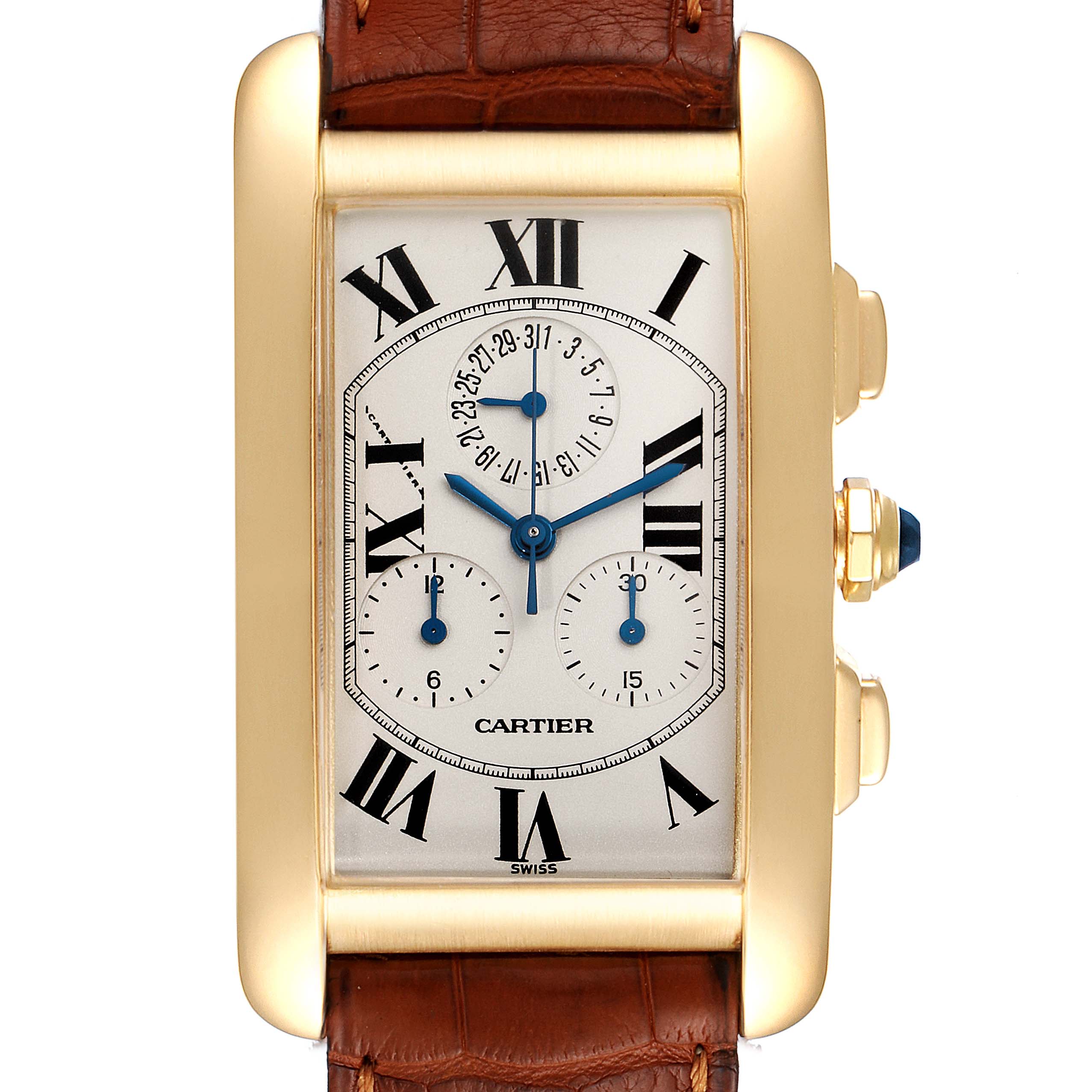 This is a straight-on view of the Cartier Tank Americaine W2601156 Men's Yellow Gold Silver Dial W2601156 Men's Yellow Gold Silver Dial watch, showing its face with Roman numerals, blue hands, and brown leather strap.