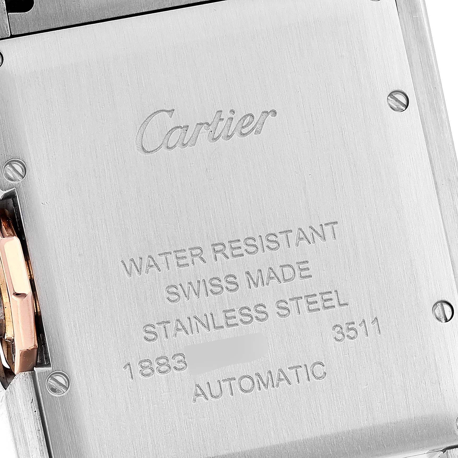 The image shows the back case of a Cartier Tank Anglaise W5310037 Men's Steel and Gold (two tone) Silver Dial W5310037 Men's Steel and Gold (two tone) Silver Dial watch, detailing its specifications and branding.