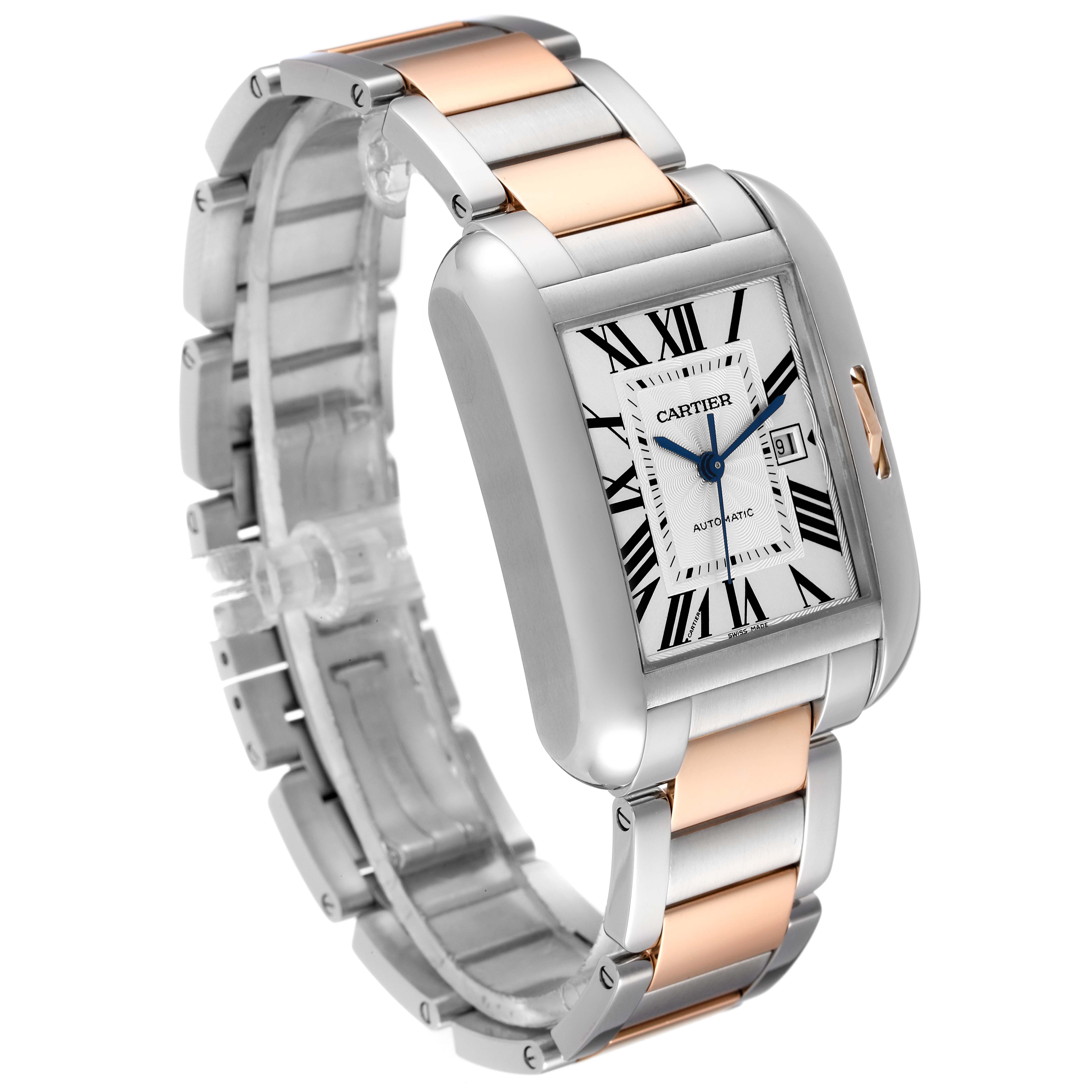 The image shows a side-angle view of the Cartier Tank Anglaise W5310037 Men's Steel and Gold (two tone) Silver Dial W5310037 Men's Steel and Gold (two tone) Silver Dial watch, highlighting its two-tone metal bracelet and rectangular dial.