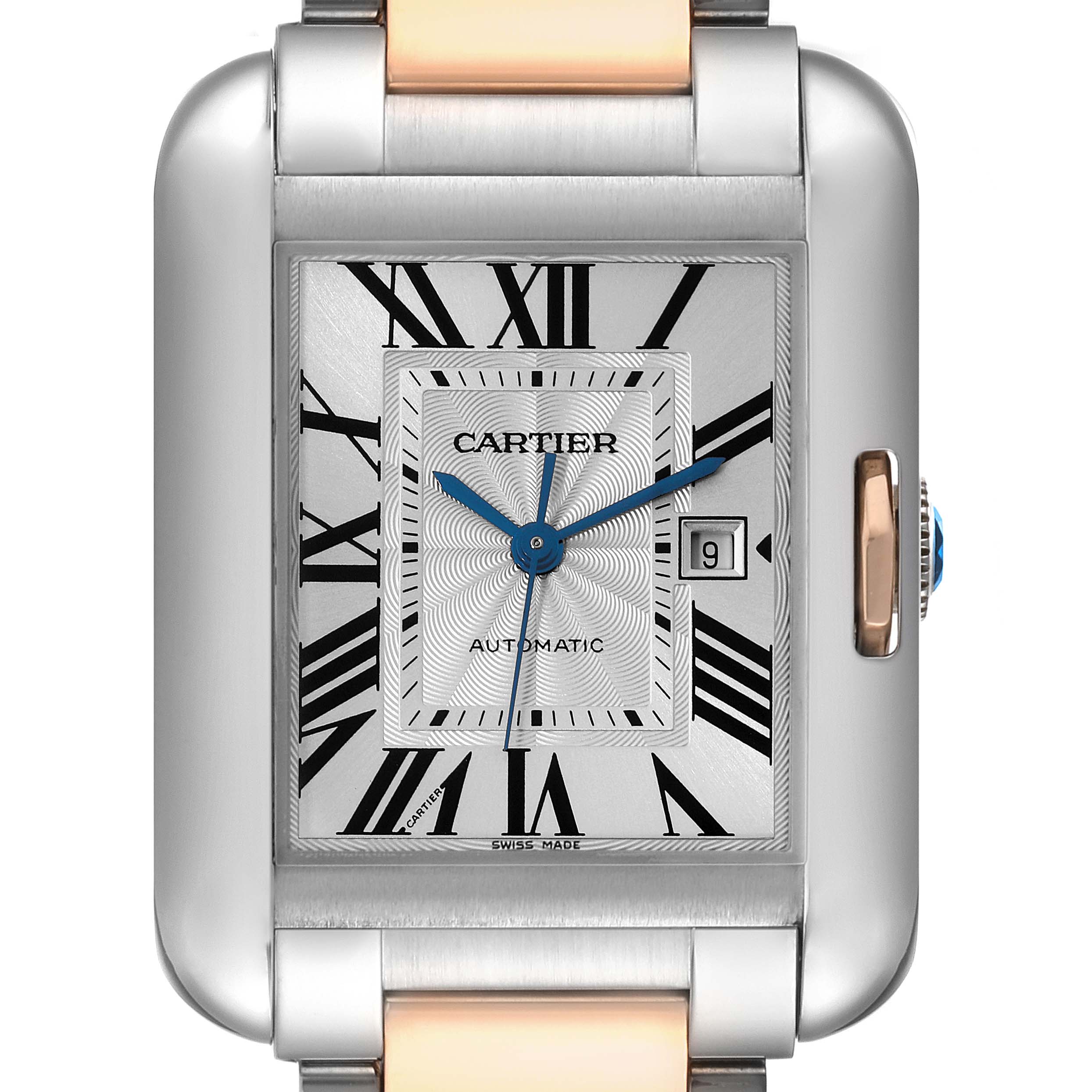 The image shows a close-up, front view of the Cartier Tank Anglaise W5310037 Men's Steel and Gold (two tone) Silver Dial W5310037 Men's Steel and Gold (two tone) Silver Dial watch, highlighting its face, hands, and date window.