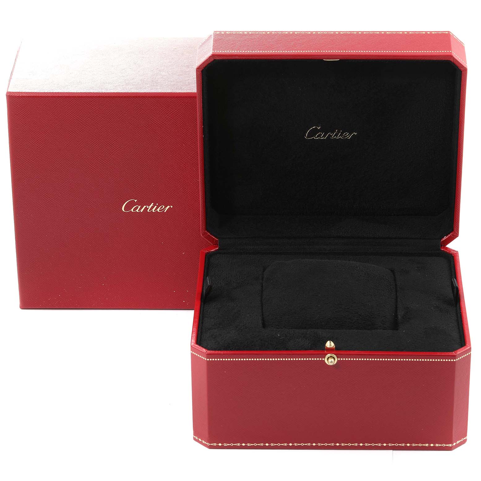 This image shows an open Cartier box for the Tank Anglaise model watch, with the outer red box and inner black cushion.