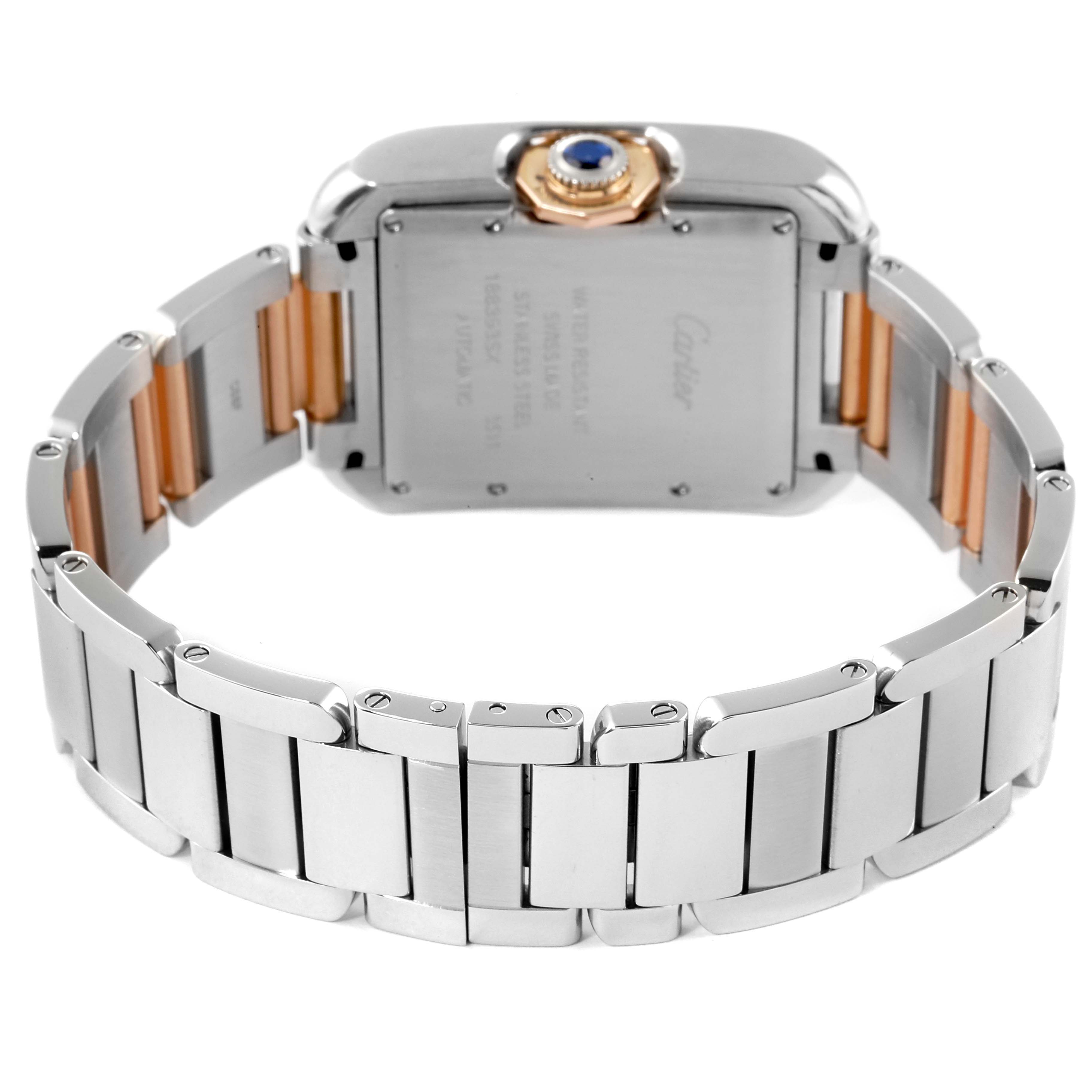 The Cartier Tank Anglaise W5310037 Men's Steel and Gold (two tone) Silver Dial W5310037 Men's Steel and Gold (two tone) Silver Dial watch is shown from the back, highlighting the case back and metal bracelet.