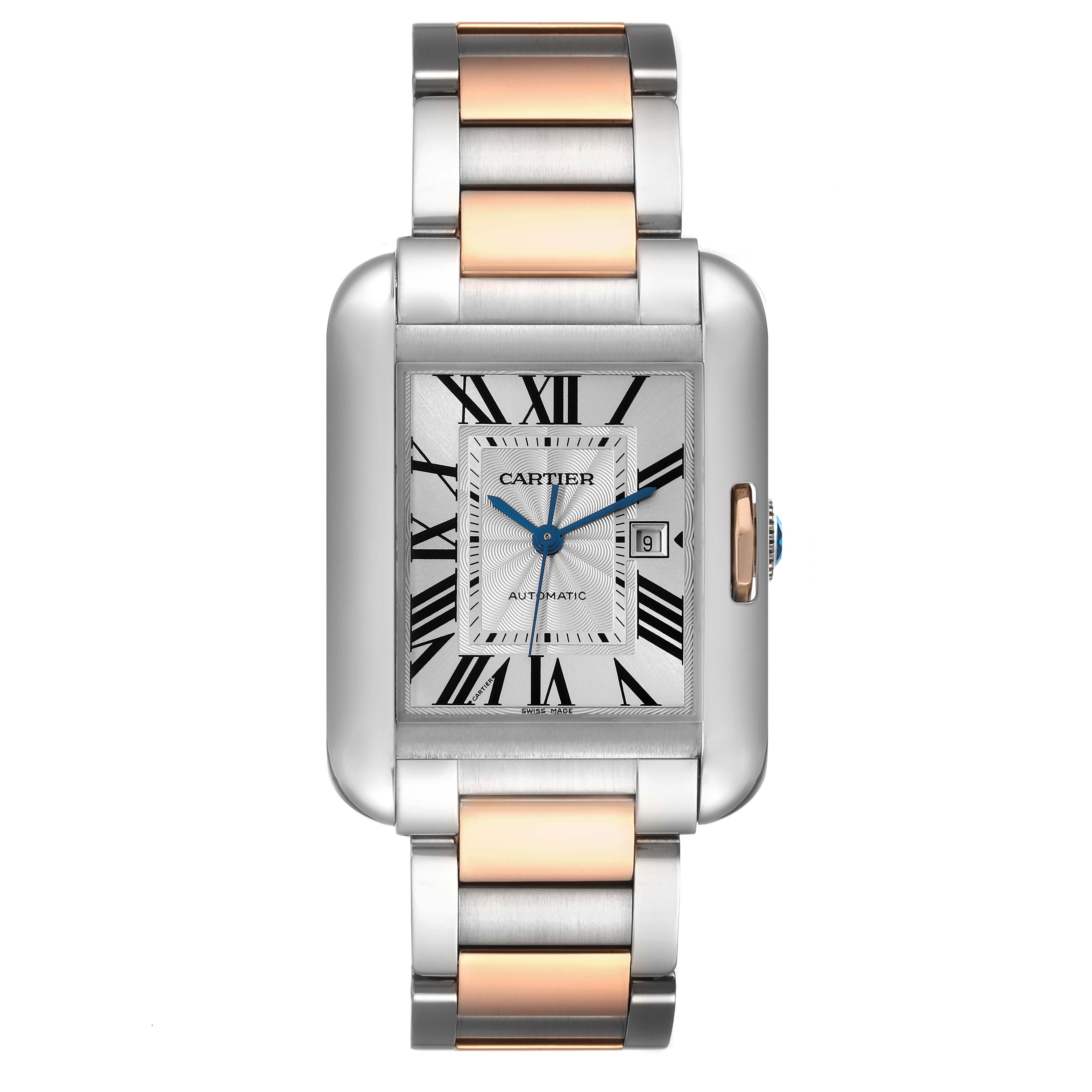 The image shows a Cartier Tank Anglaise W5310037 Men's Steel and Gold (two tone) Silver Dial W5310037 Men's Steel and Gold (two tone) Silver Dial watch, head-on view, displaying its face, bracelet, and date window.