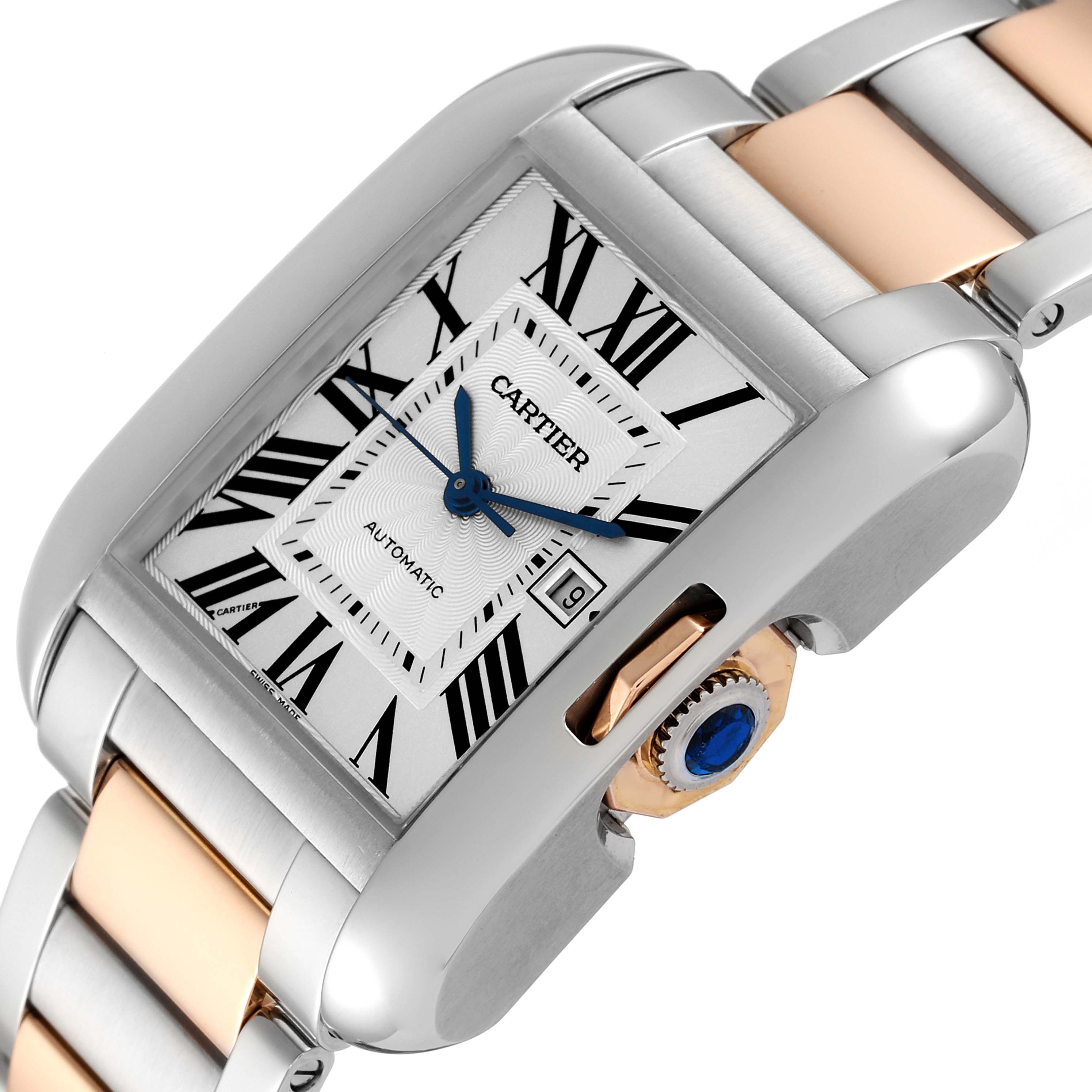 This image angles the Cartier Tank Anglaise W5310037 Men's Steel and Gold (two tone) Silver Dial W5310037 Men's Steel and Gold (two tone) Silver Dial watch to show its face, crown, two-tone bracelet, and Roman numeral indices.