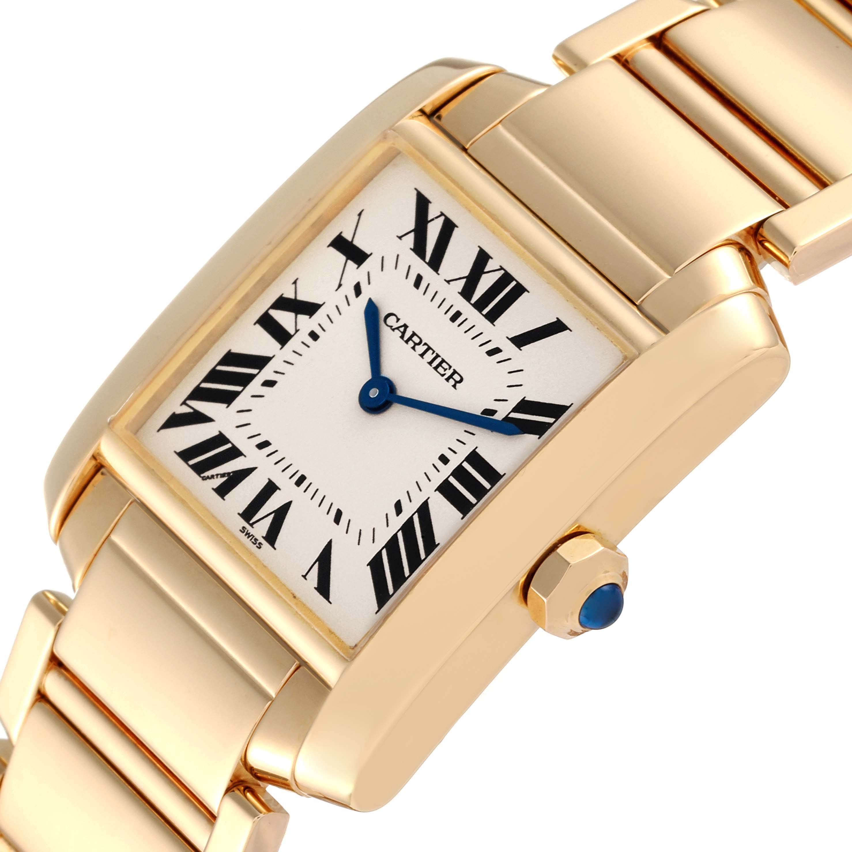 This image shows a close-up angle of the face and part of the band of a Cartier Tank Francaise W50003N2 Women's Yellow Gold Silver Dial W50003N2 Women's Yellow Gold Silver Dial watch.