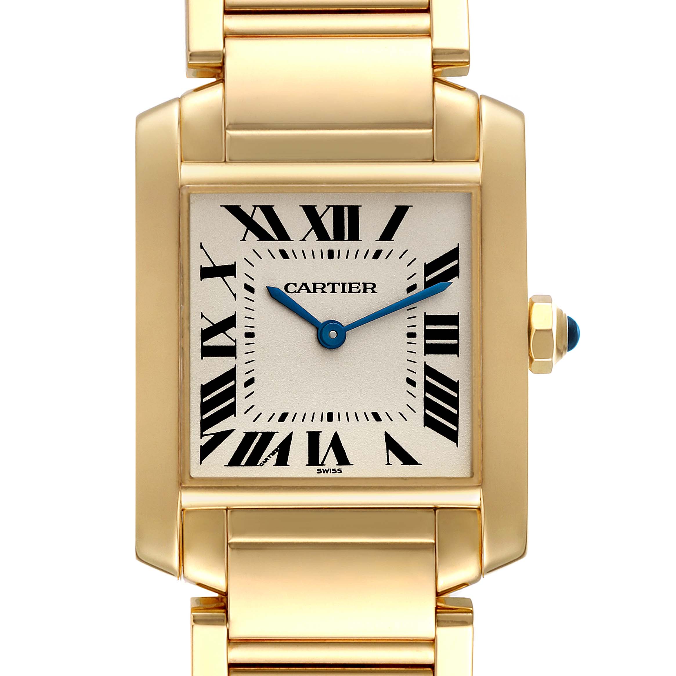 This image shows a front view of the Cartier Tank Francaise W50003N2 Women's Yellow Gold Silver Dial W50003N2 Women's Yellow Gold Silver Dial watch, highlighting its face, Roman numerals, and part of the bracelet.