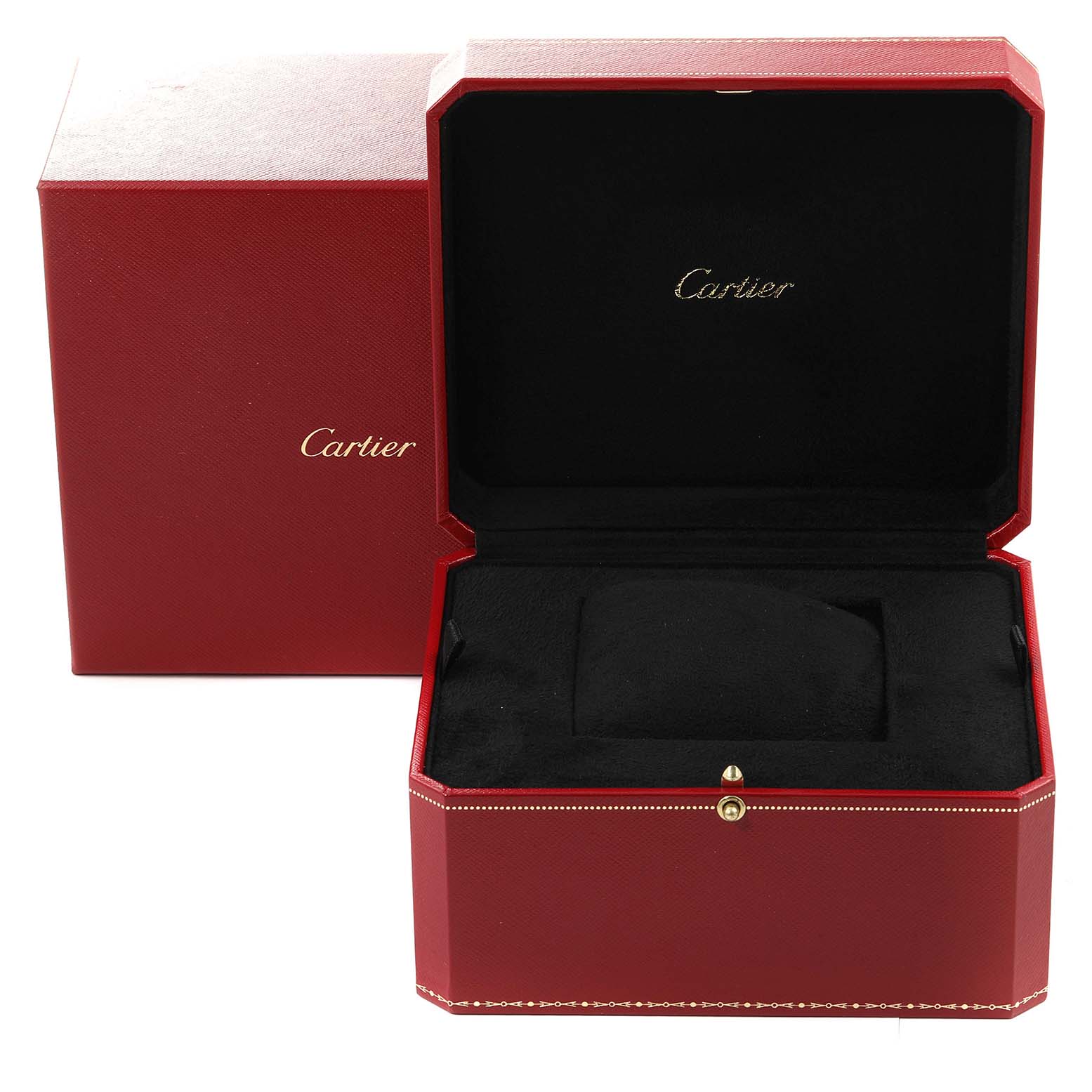 The image shows a Cartier Tank Française watch box and its interior, with the lid open and the inner pillow visible.