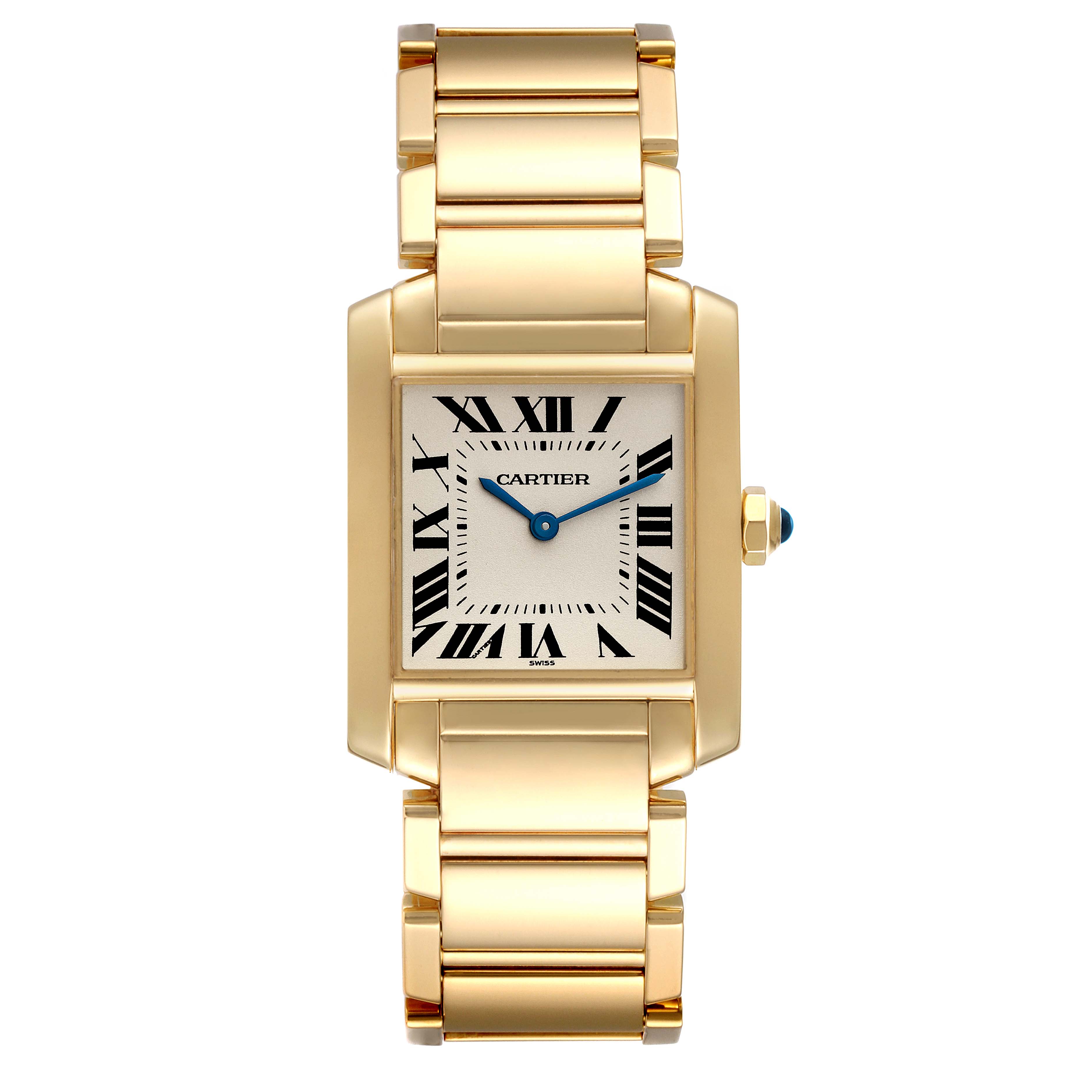 The image shows a front view of a Tank Francaise model by Cartier, displaying its gold bracelet and rectangular dial with Roman numerals.