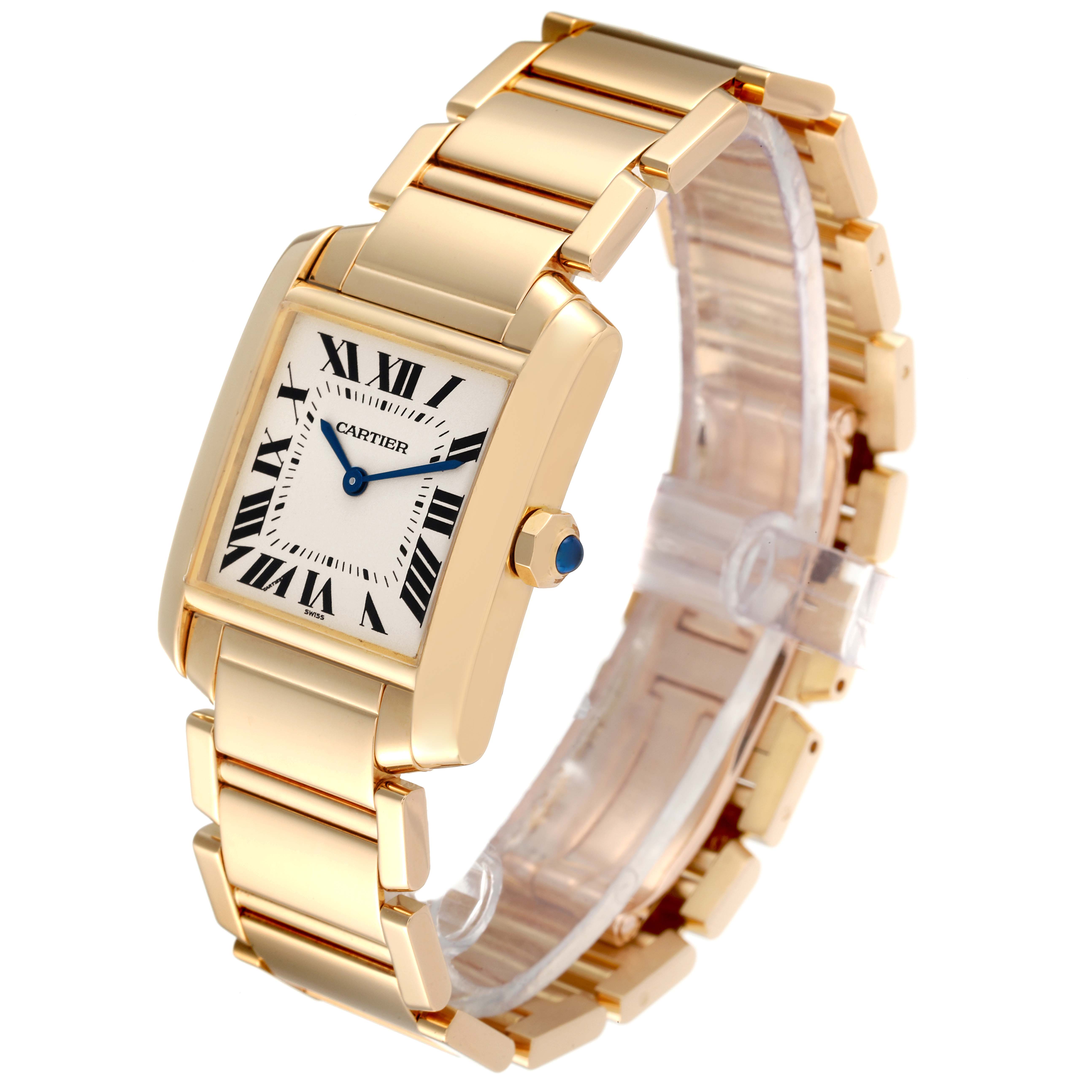 The image shows a Cartier Tank Francaise W50003N2 Women's Yellow Gold Silver Dial W50003N2 Women's Yellow Gold Silver Dial watch at a three-quarter angle, displaying the face, bracelet, and crown.