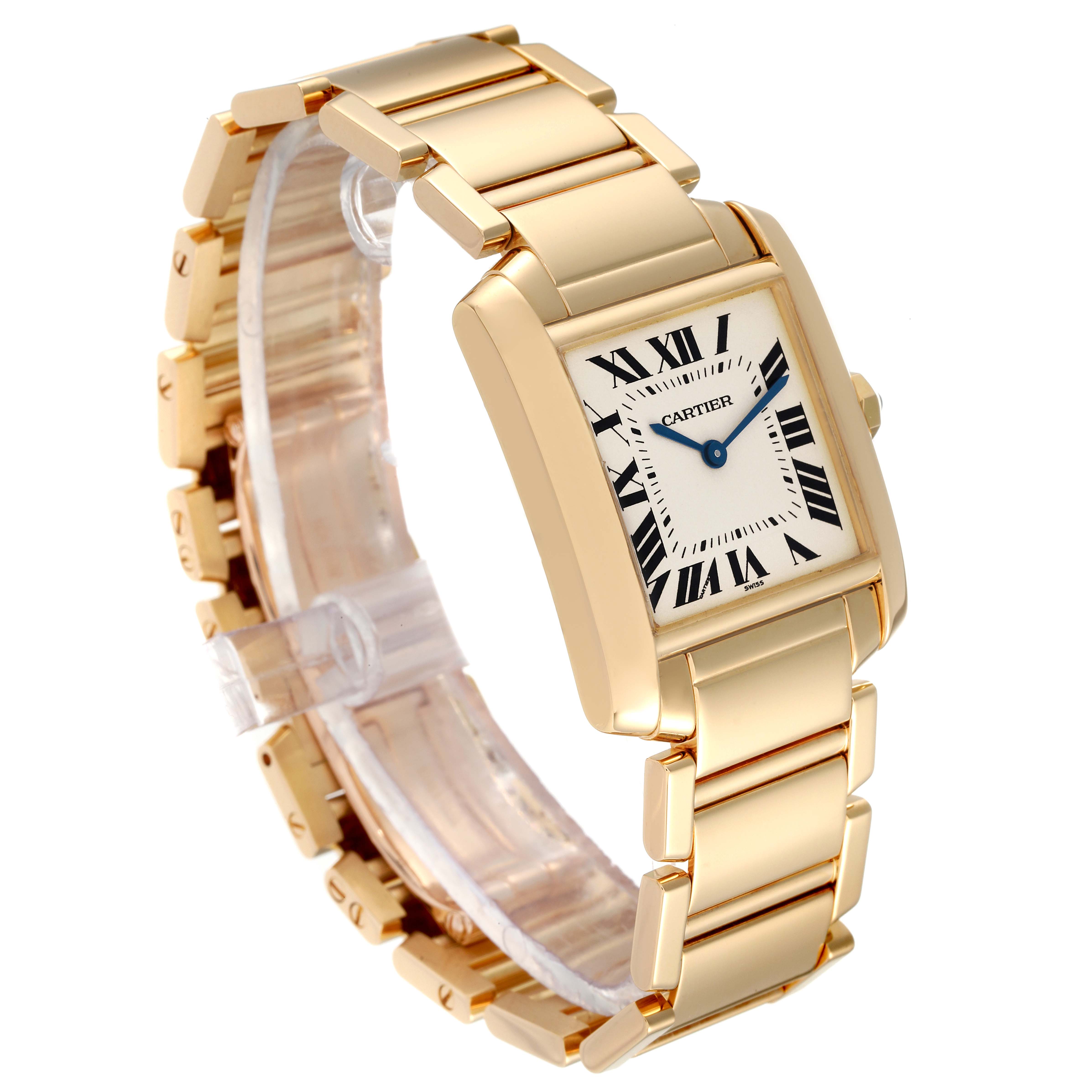 The image shows a side angle view of the Cartier Tank Francaise W50003N2 Women's Yellow Gold Silver Dial W50003N2 Women's Yellow Gold Silver Dial watch, highlighting its gold bracelet and rectangular face with Roman numerals.