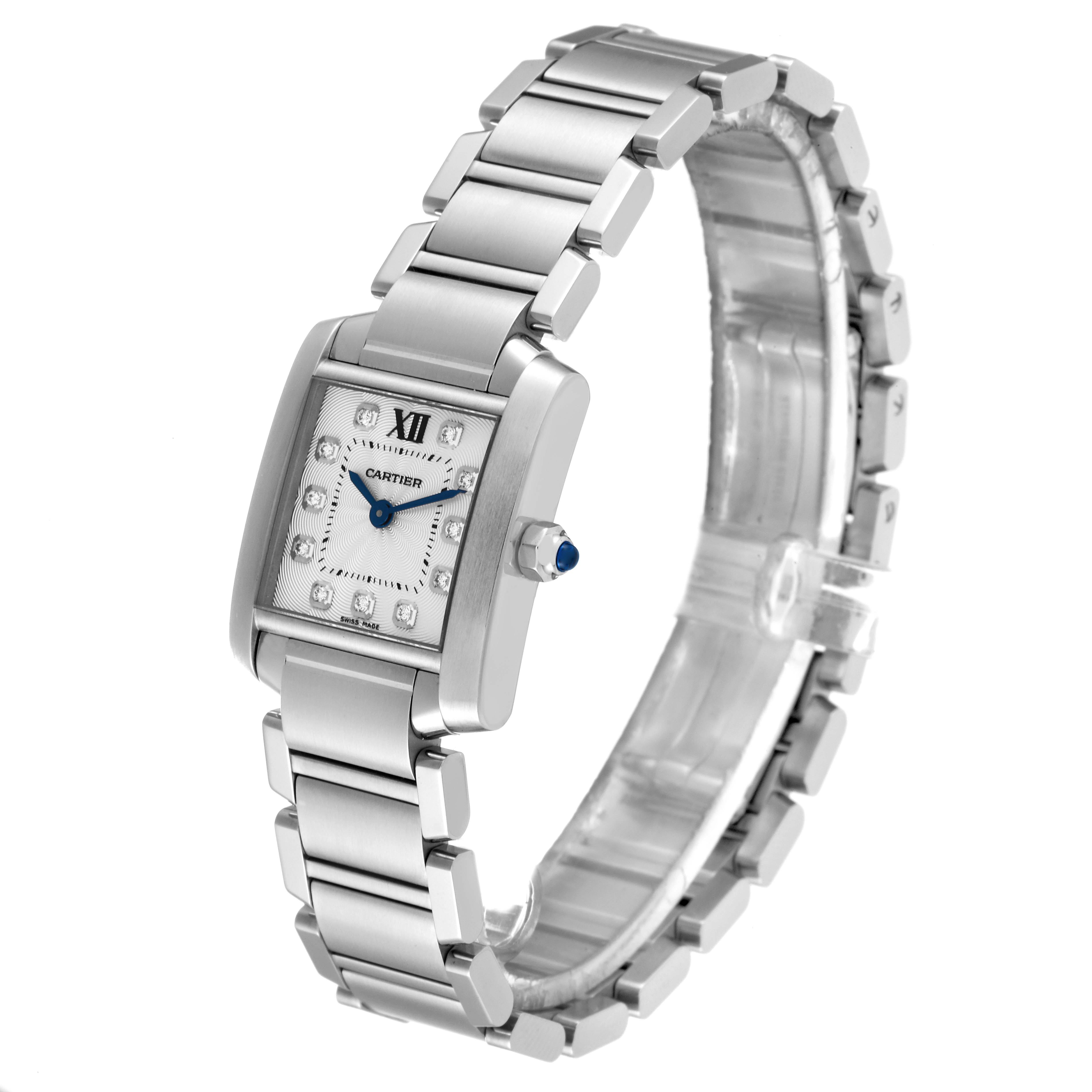 The Cartier Tank Francaise WE110006 Women's Stainless Steel Silver Dial WE110006 Women's Stainless Steel Silver Dial watch is shown at a slight diagonal angle, displaying its face, bracelet, and crown.