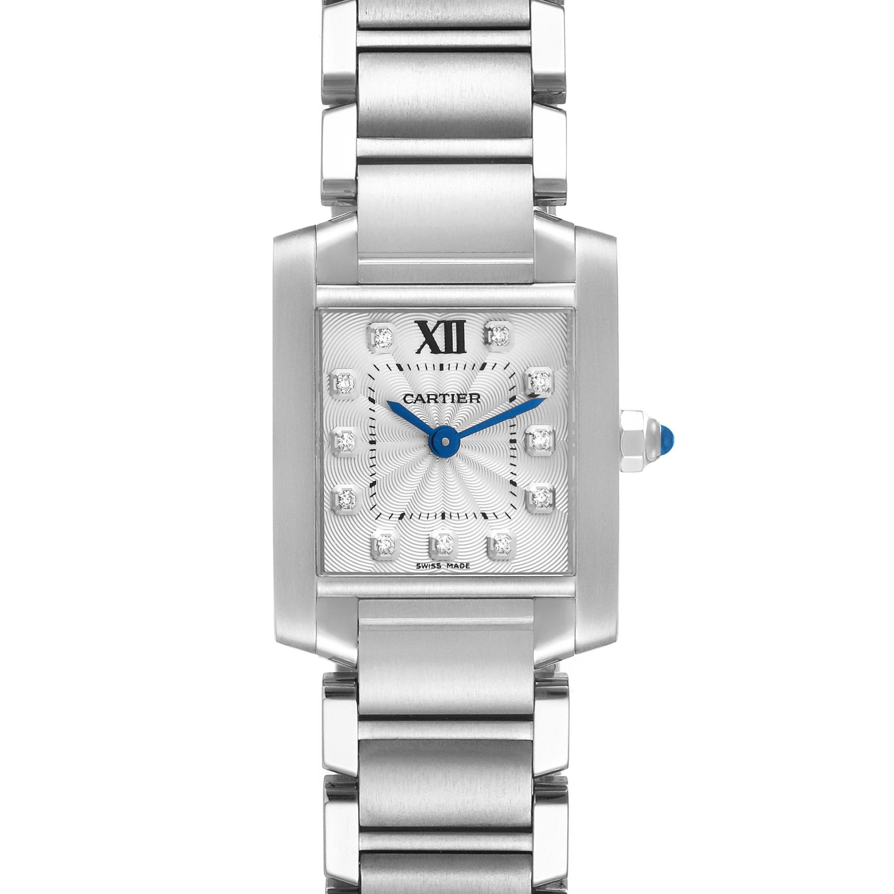 The image shows a front view of a Cartier Tank Française watch, highlighting the dial, bracelet, and crown.