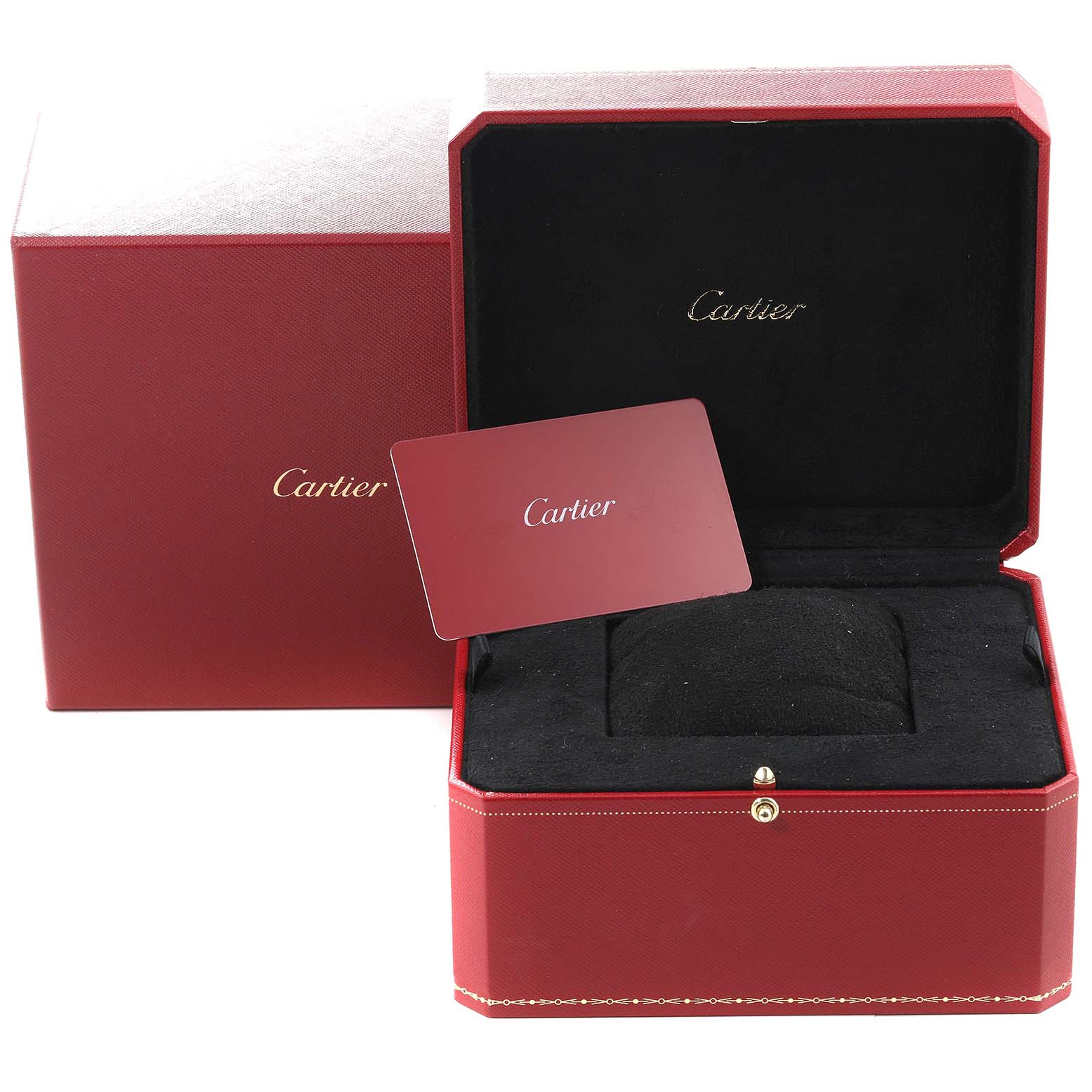 This image shows a Cartier Tank Française watch box and Cartier authenticity card in a partially open display angle.