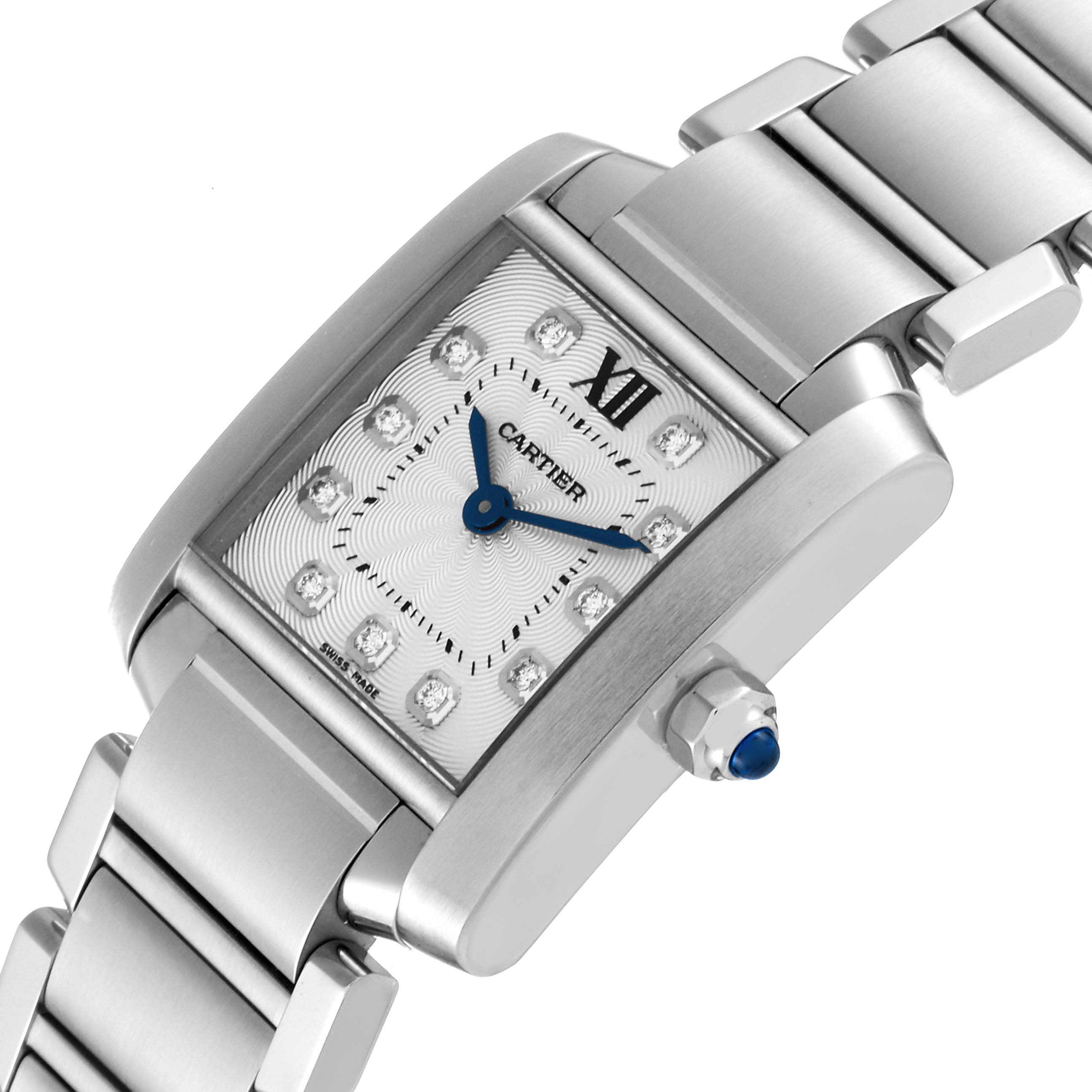The image shows a close-up, angled view of a Cartier Tank Francaise WE110006 Women's Stainless Steel Silver Dial WE110006 Women's Stainless Steel Silver Dial watch, highlighting the face, crown, and metal bracelet.