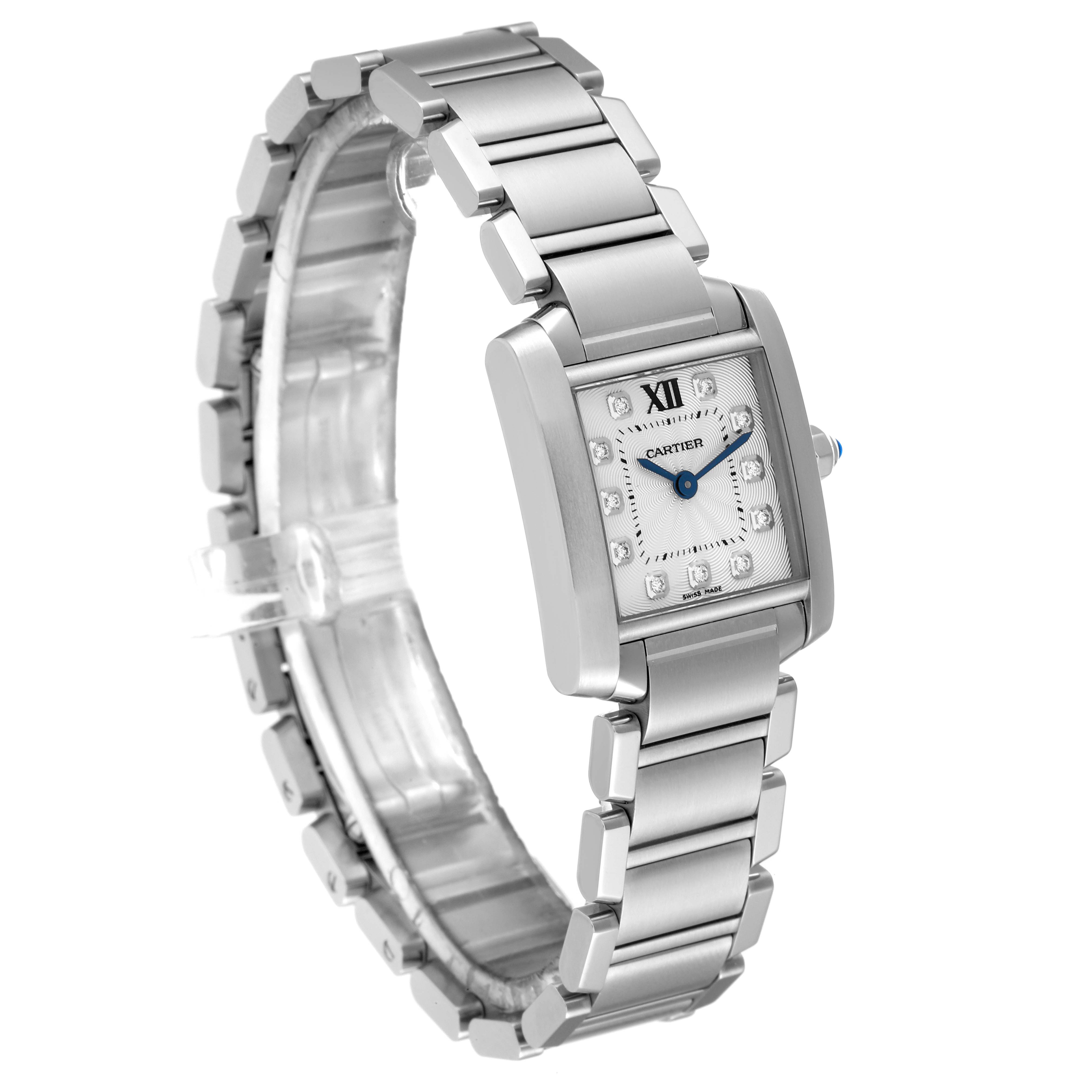 The image shows a Cartier Tank Francaise WE110006 Women's Stainless Steel Silver Dial WE110006 Women's Stainless Steel Silver Dial model watch at an angled side view, highlighting the metal bracelet and rectangular face.