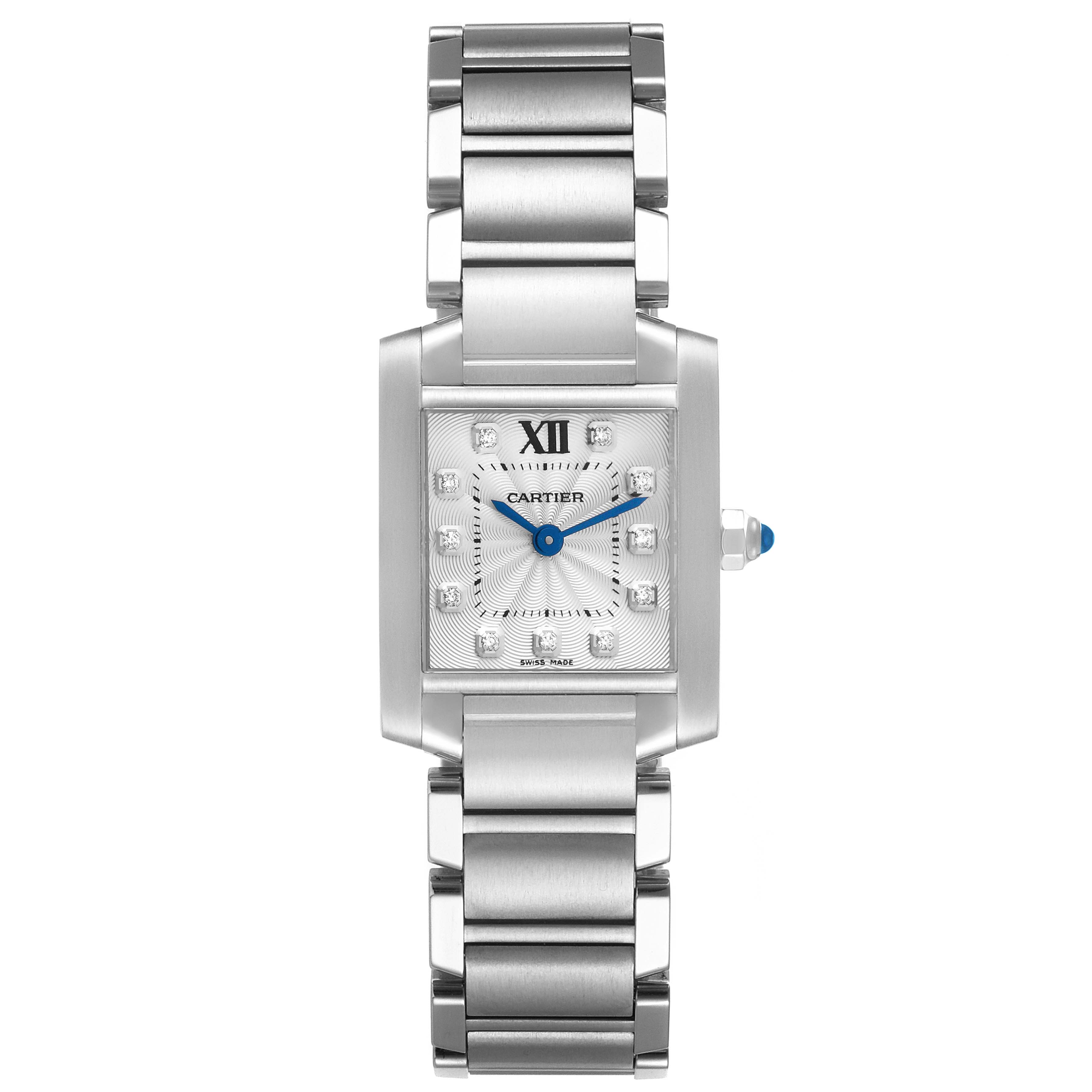 This is a front view of the Cartier Tank Française watch, showing the face, metal bracelet, and crown with a blue gemstone.