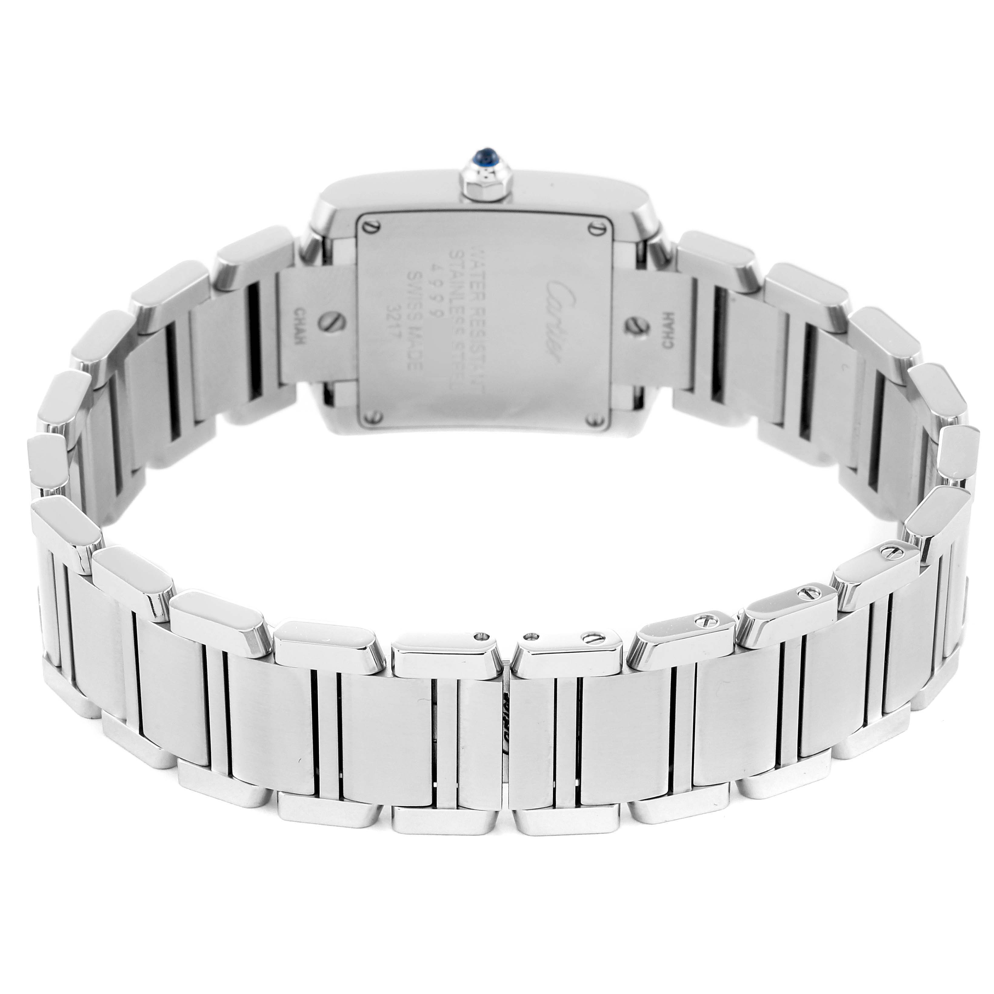 This image shows the back and bracelet of a Cartier Tank Française watch, highlighting its stainless steel design and caseback details.