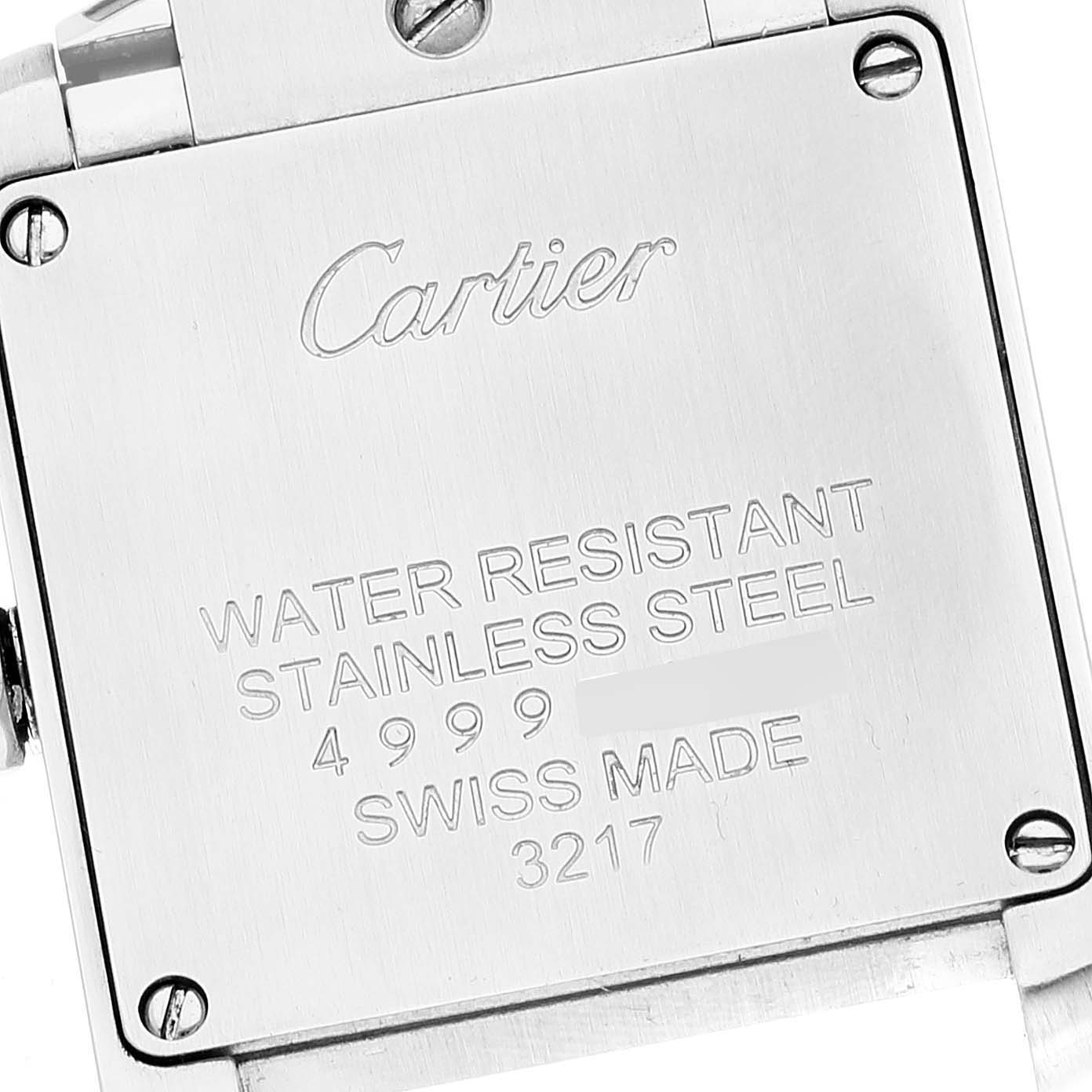 This image shows the back case of a Cartier Tank Francaise WE110006 Women's Stainless Steel Silver Dial WE110006 Women's Stainless Steel Silver Dial watch, highlighting its water resistance, stainless steel, and Swiss-made features.