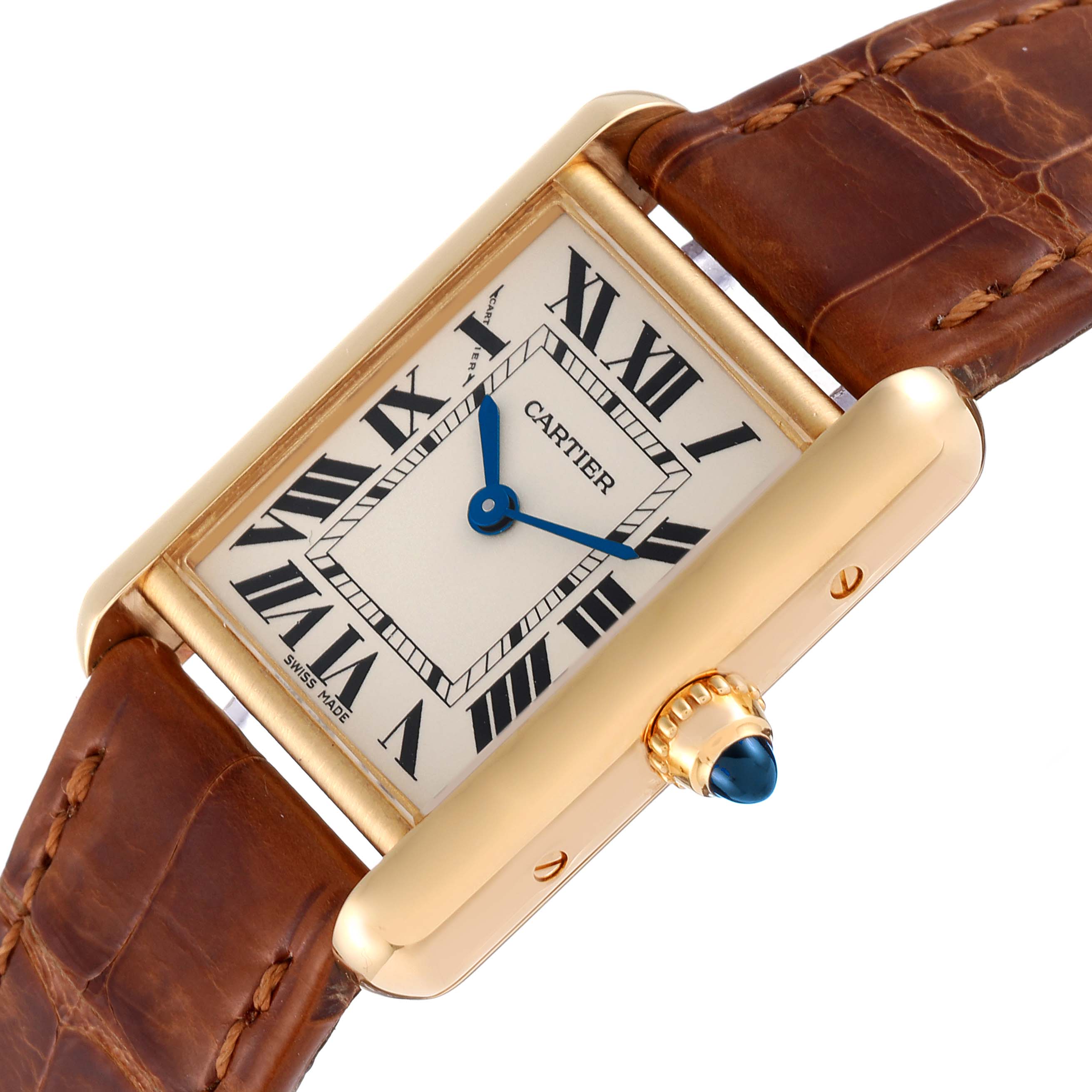 The image shows a top-side view of a Cartier Tank Louis W1529856 Women's Yellow Gold Silver Dial W1529856 Women's Yellow Gold Silver Dial watch, highlighting the face, crown, and leather strap.