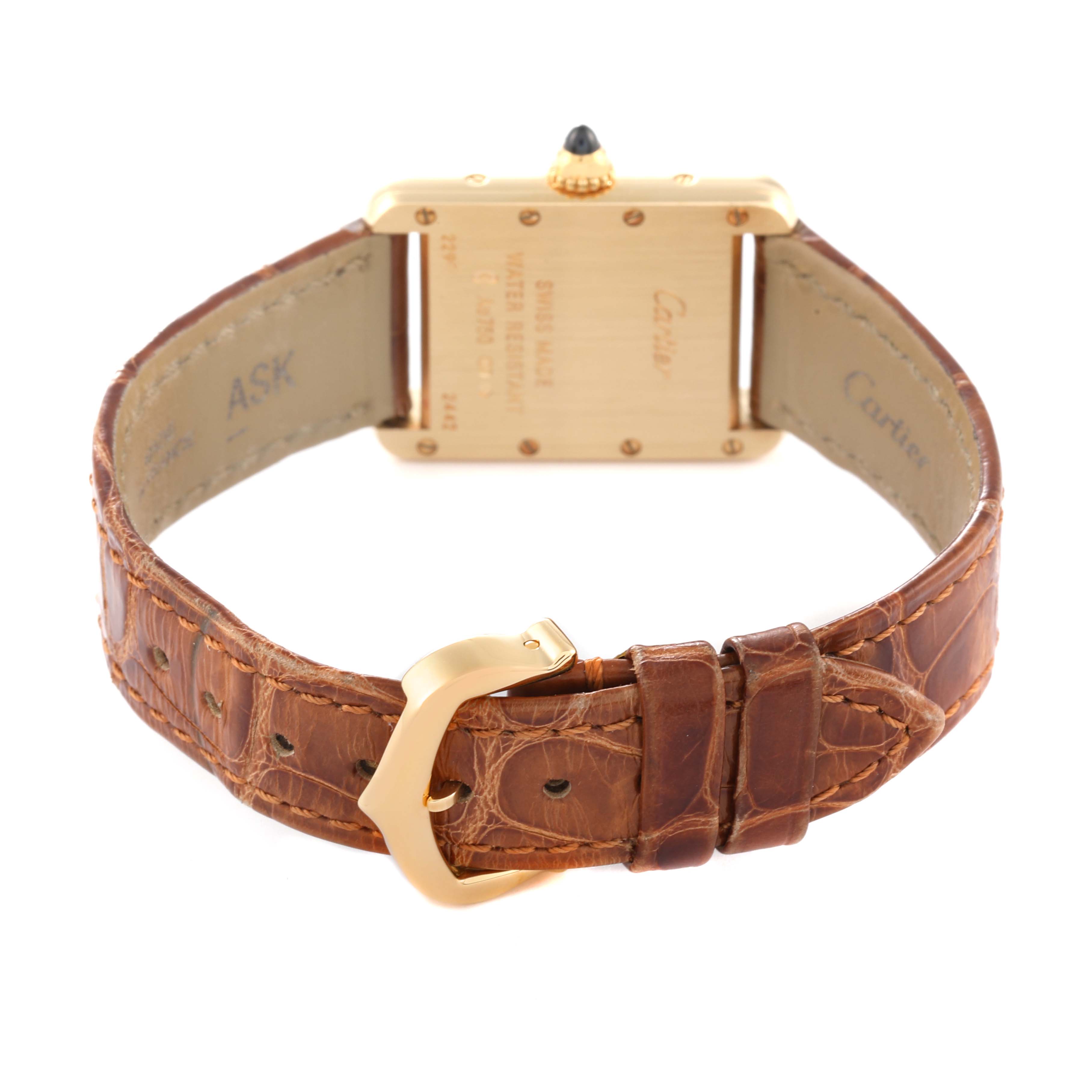 The image shows a rear view of the Cartier Tank Louis W1529856 Women's Yellow Gold Silver Dial W1529856 Women's Yellow Gold Silver Dial watch, highlighting the back case and leather strap with buckle.