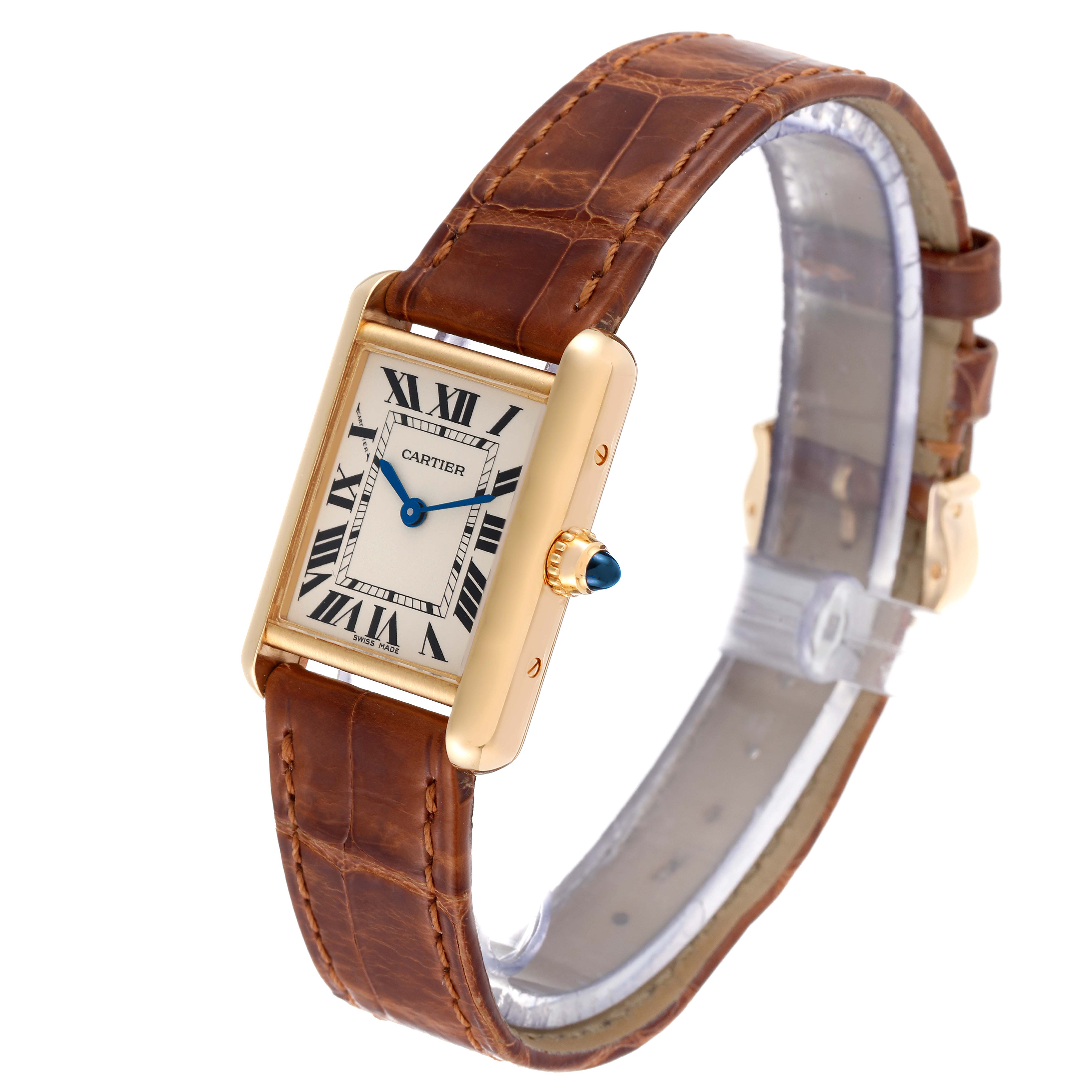 The Cartier Tank Louis W1529856 Women's Yellow Gold Silver Dial W1529856 Women's Yellow Gold Silver Dial watch is shown at a three-quarter angle, focusing on its face, crown, and leather strap.
